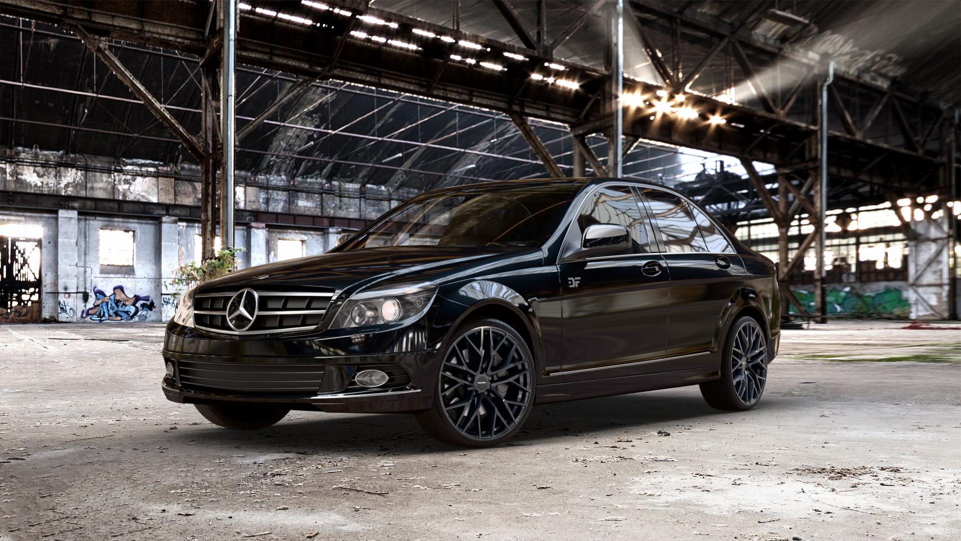 CARMANI 20 Ludwig black Felge mit Reifen schwarz in 19Zoll Winterfelge Alufelge auf schwarzem metallic Mercedes C-Klasse Typ W204 Limousine ⬇️ mit 15mm Tieferlegung ⬇️ Old Industrial Hall_max_5300mm_2024 Frontansicht_1