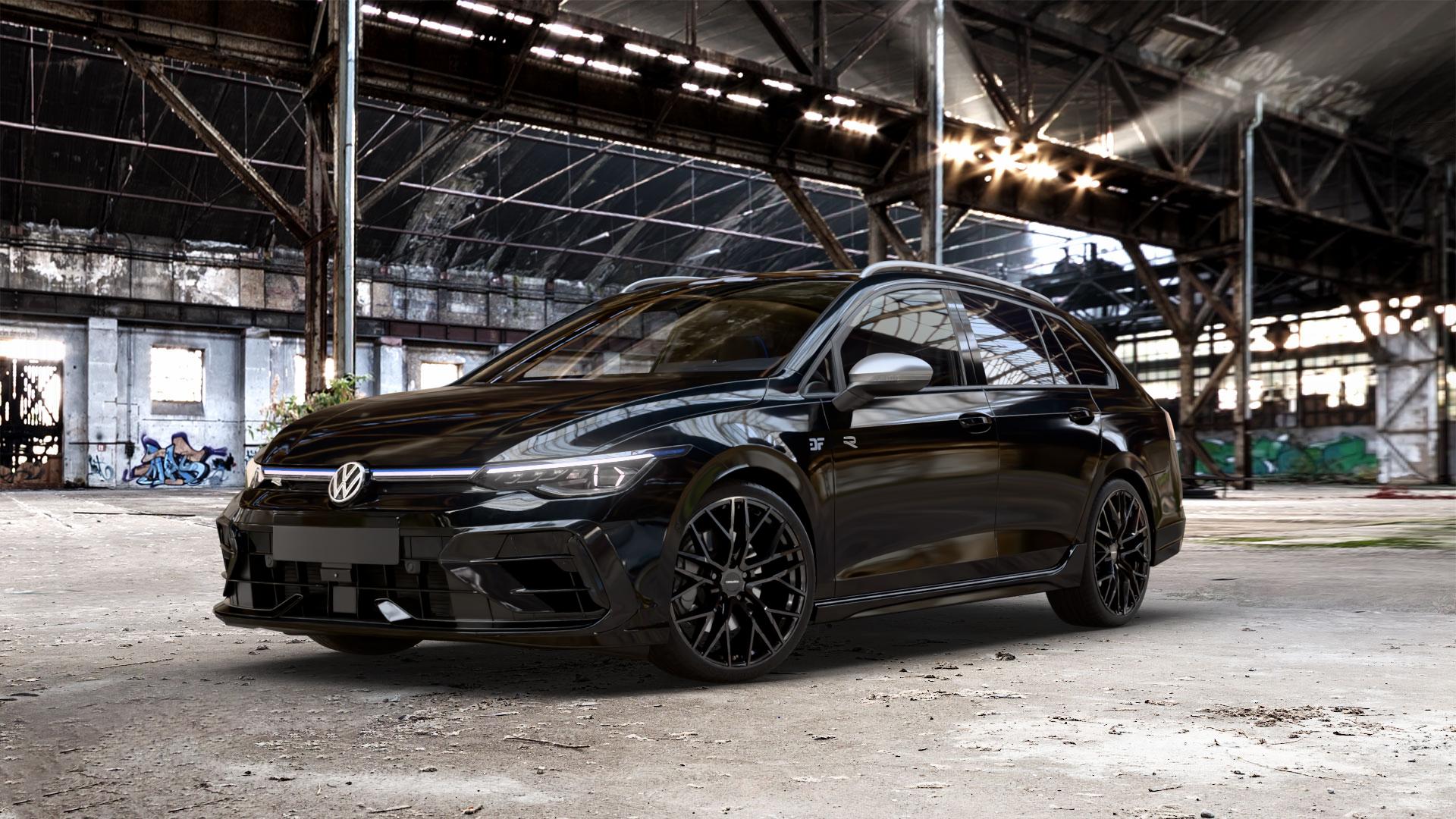 CARMANI 20 Ludwig black Felge mit Reifen schwarz in 19Zoll Winterfelge Alufelge auf schwarzem Volkswagen (VW) Golf 8 Variant Facelift 2,0l R 4Motion 245kW (333 PS) ⬇️ mit 15mm Tieferlegung ⬇️ Old Industrial Hall_max_5300mm_2024 Frontansicht_1