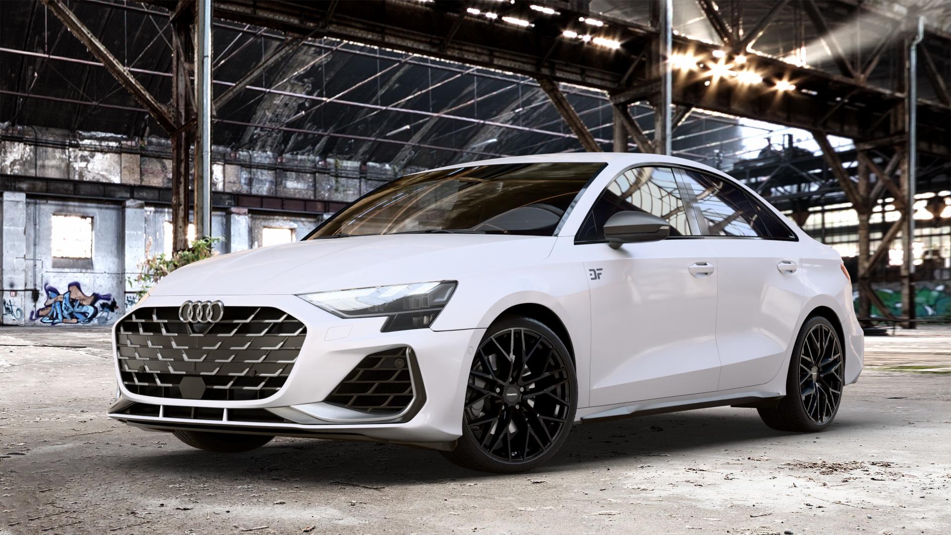 CARMANI 20 Ludwig black Felge mit Reifen schwarz in 19Zoll Winterfelge Alufelge auf weissem Audi A3 Typ GY (Limousine) 2,0l TFSI quattro 228kW S3 (310 PS) ⬇️ mit 15mm Tieferlegung ⬇️ Old Industrial Hall_max_4400mm_2024 Frontansicht_1