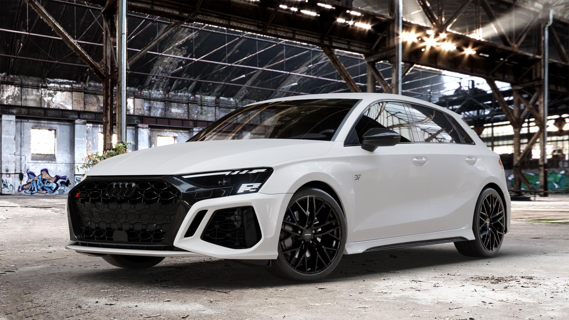 CARMANI 20 Ludwig black Felge mit Reifen schwarz in 19Zoll Winterfelge Alufelge auf weissem Audi A3 Typ GY (Sportback) 2,5l TFSI quattro 294kW RS3 (400 PS) 299kW (407 ⬇️ mit 15mm Tieferlegung ⬇️ Old Industrial Hall_max_4400mm_2024 Frontansicht_1