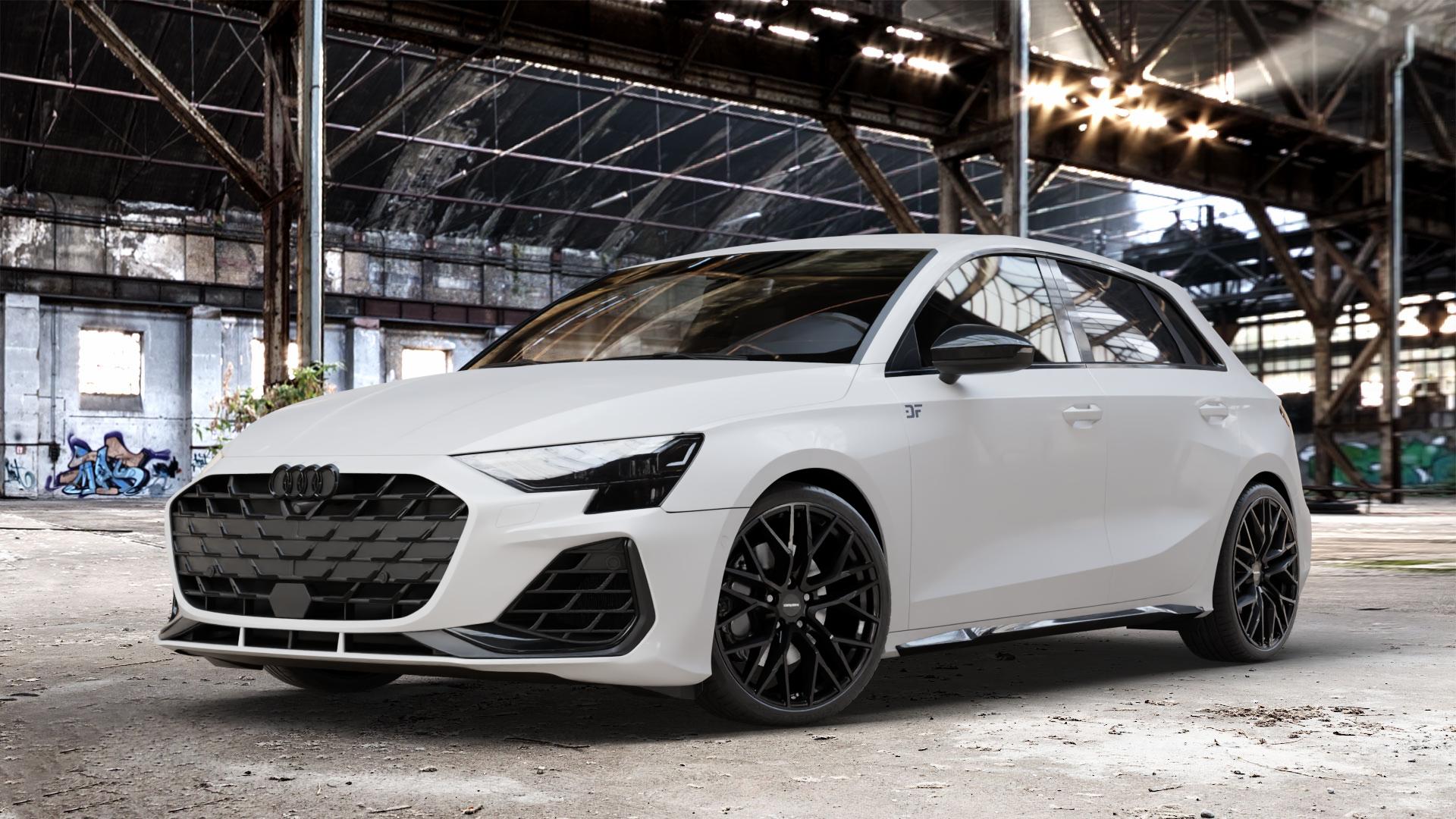 CARMANI 20 Ludwig black Felge mit Reifen schwarz in 19Zoll Winterfelge Alufelge auf weissem Audi A3 Typ GY (Sportback) Facelift 2,0l TFSI quattro 245kW S3 (333 PS) ⬇️ mit 15mm Tieferlegung ⬇️ Old Industrial Hall_max_4400mm_2024 Frontansicht_1
