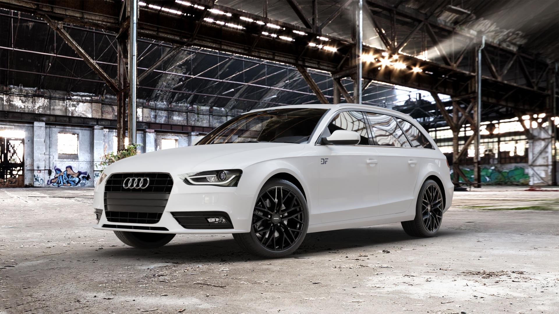 CARMANI 20 Ludwig black Felge mit Reifen schwarz in 19Zoll Winterfelge Alufelge auf weissem Audi A4 Typ 8K5/B8 (Avant) Facelift ⬇️ mit 15mm Tieferlegung ⬇️ Old Industrial Hall_max_5300mm_2024 Frontansicht_1