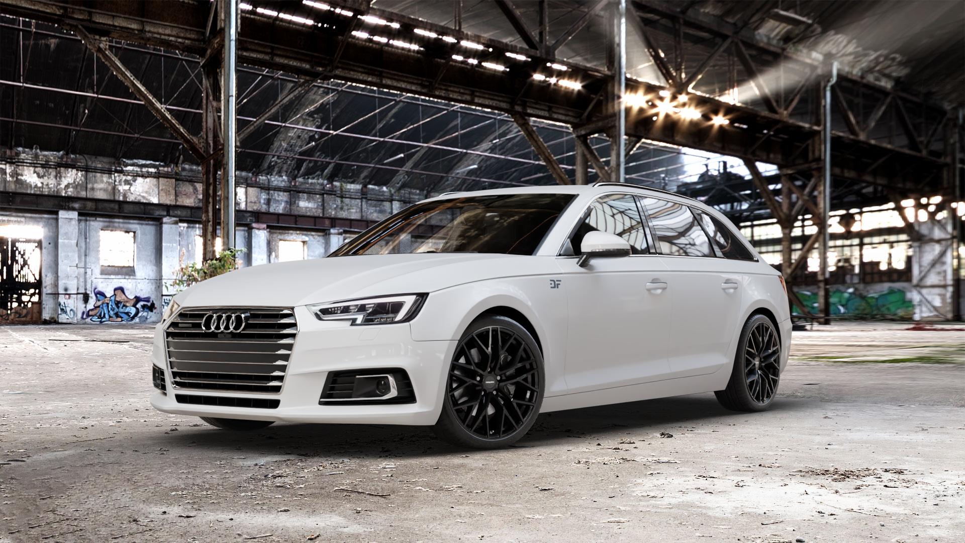CARMANI 20 Ludwig black Felge mit Reifen schwarz in 19Zoll Winterfelge Alufelge auf weissem Audi A4 Typ B9 (Avant) ⬇️ mit 15mm Tieferlegung ⬇️ Old Industrial Hall_max_5300mm_2024 Frontansicht_1