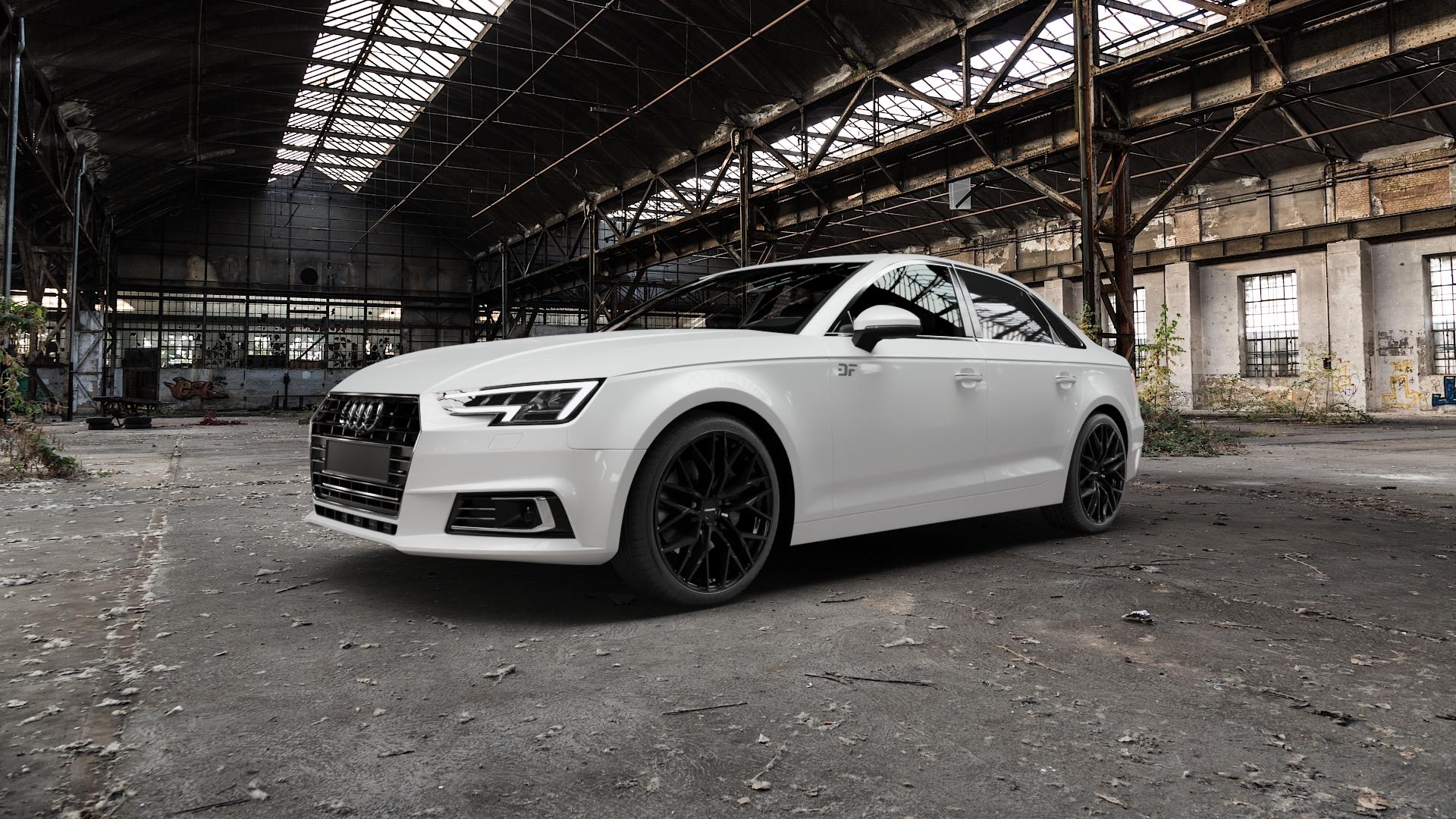 CARMANI 20 Ludwig black Felge mit Reifen schwarz in 19Zoll Winterfelge Alufelge auf weissem Audi A4 Typ B9 (Limousine) ⬇️ mit 15mm Tieferlegung ⬇️ Old Industrial Hall_max5000mm_2022 Frontansicht_1
