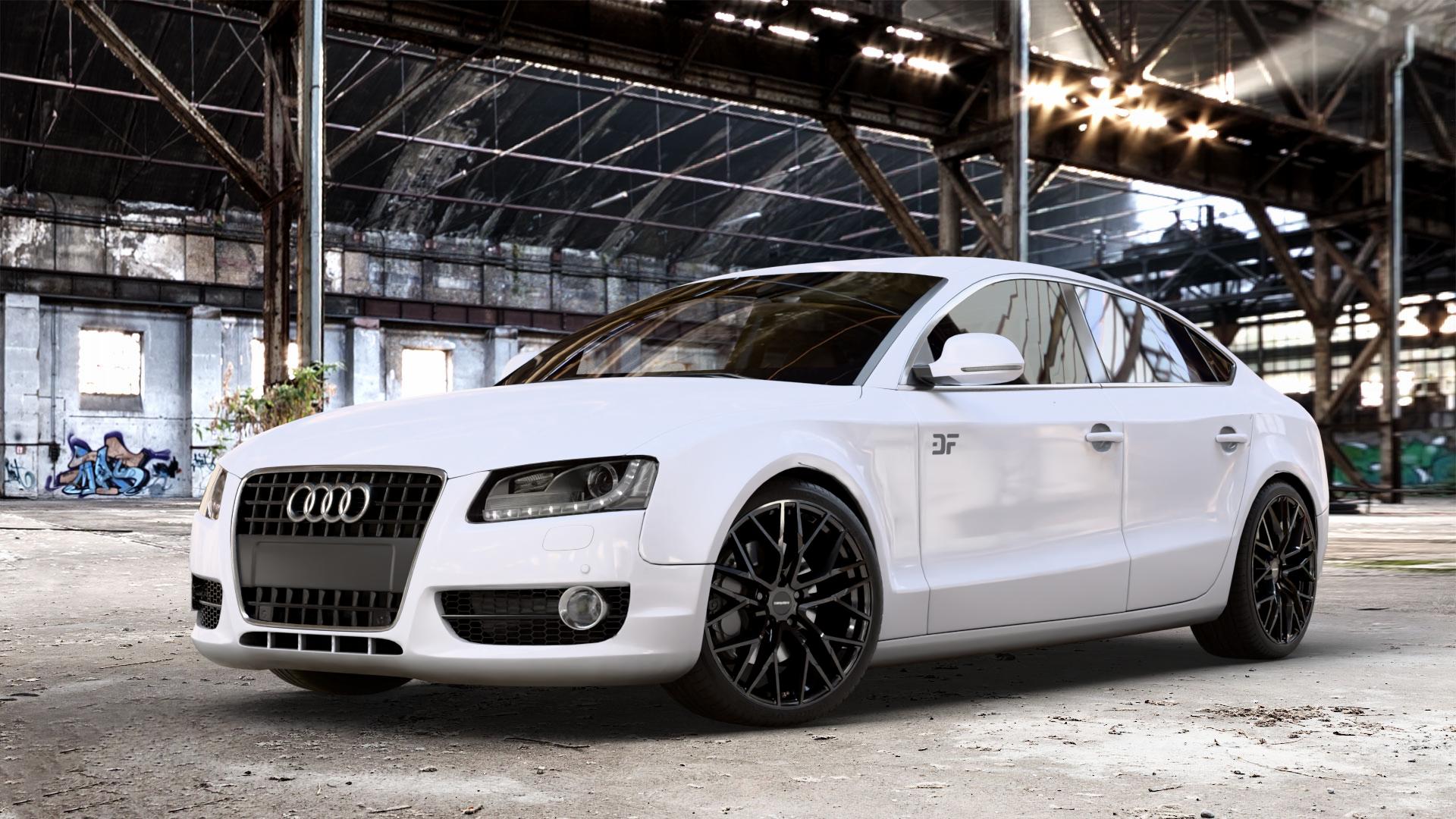 CARMANI 20 Ludwig black Felge mit Reifen schwarz in 19Zoll Winterfelge Alufelge auf weissem Audi A5 Typ B8 (Sportback) ⬇️ mit 15mm Tieferlegung ⬇️ Old Industrial Hall_max_4400mm_2024 Frontansicht_1