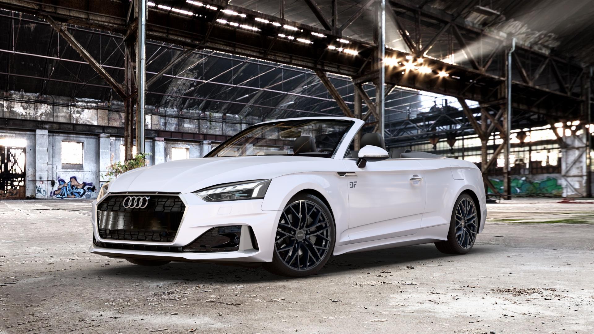 CARMANI 20 Ludwig black Felge mit Reifen schwarz in 19Zoll Winterfelge Alufelge auf weißem Audi A5 Typ B9 (Cabriolet) Facelift ⬇️ mit 15mm Tieferlegung ⬇️ Old Industrial Hall_max_5300mm_2024 Frontansicht_1