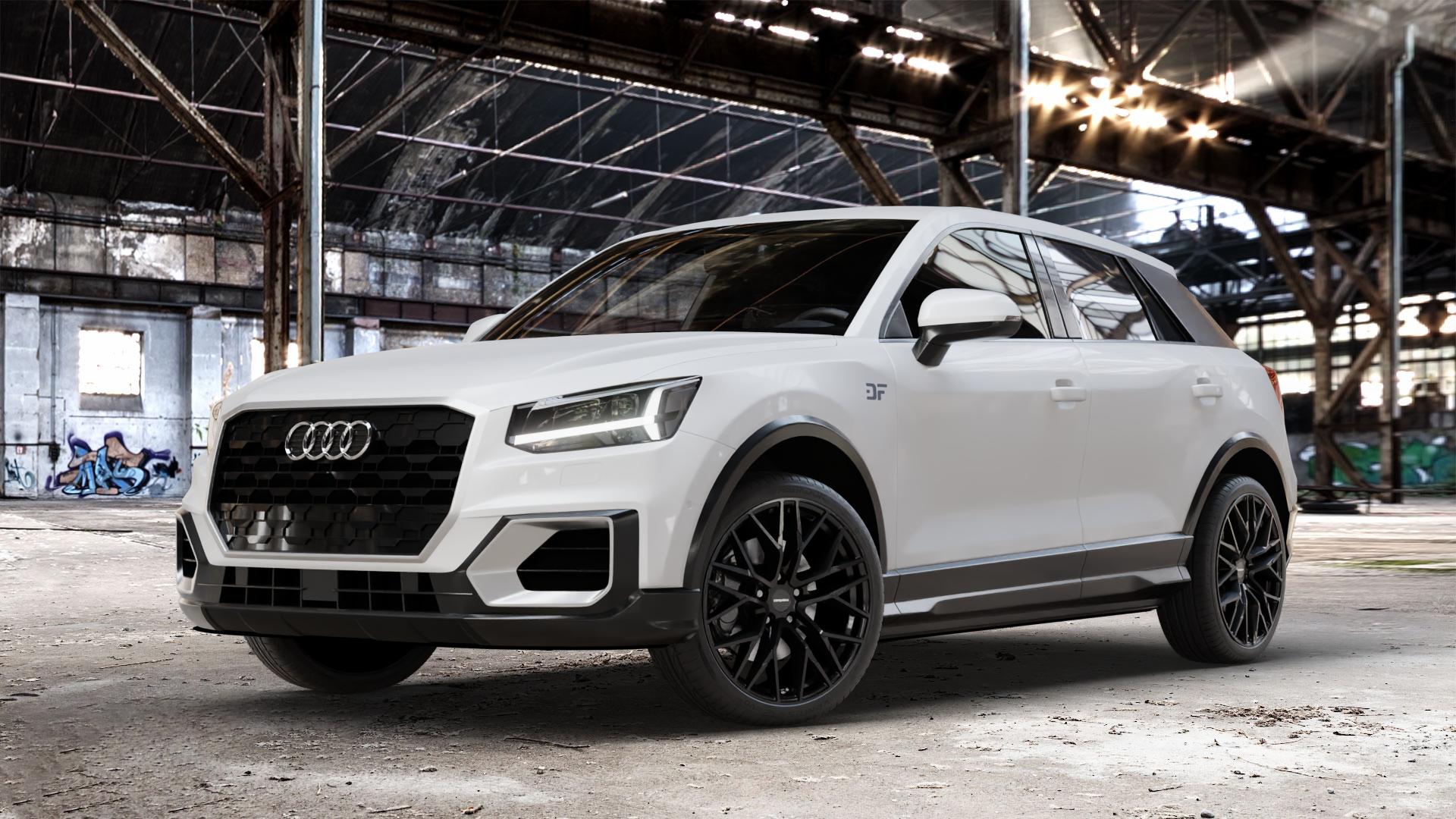 CARMANI 20 Ludwig black Felge mit Reifen schwarz in 19Zoll Winterfelge Alufelge auf weissem Audi Q2 Typ GA ⬇️ mit 15mm Tieferlegung ⬇️ Old Industrial Hall_max_4400mm_2024 Frontansicht_1