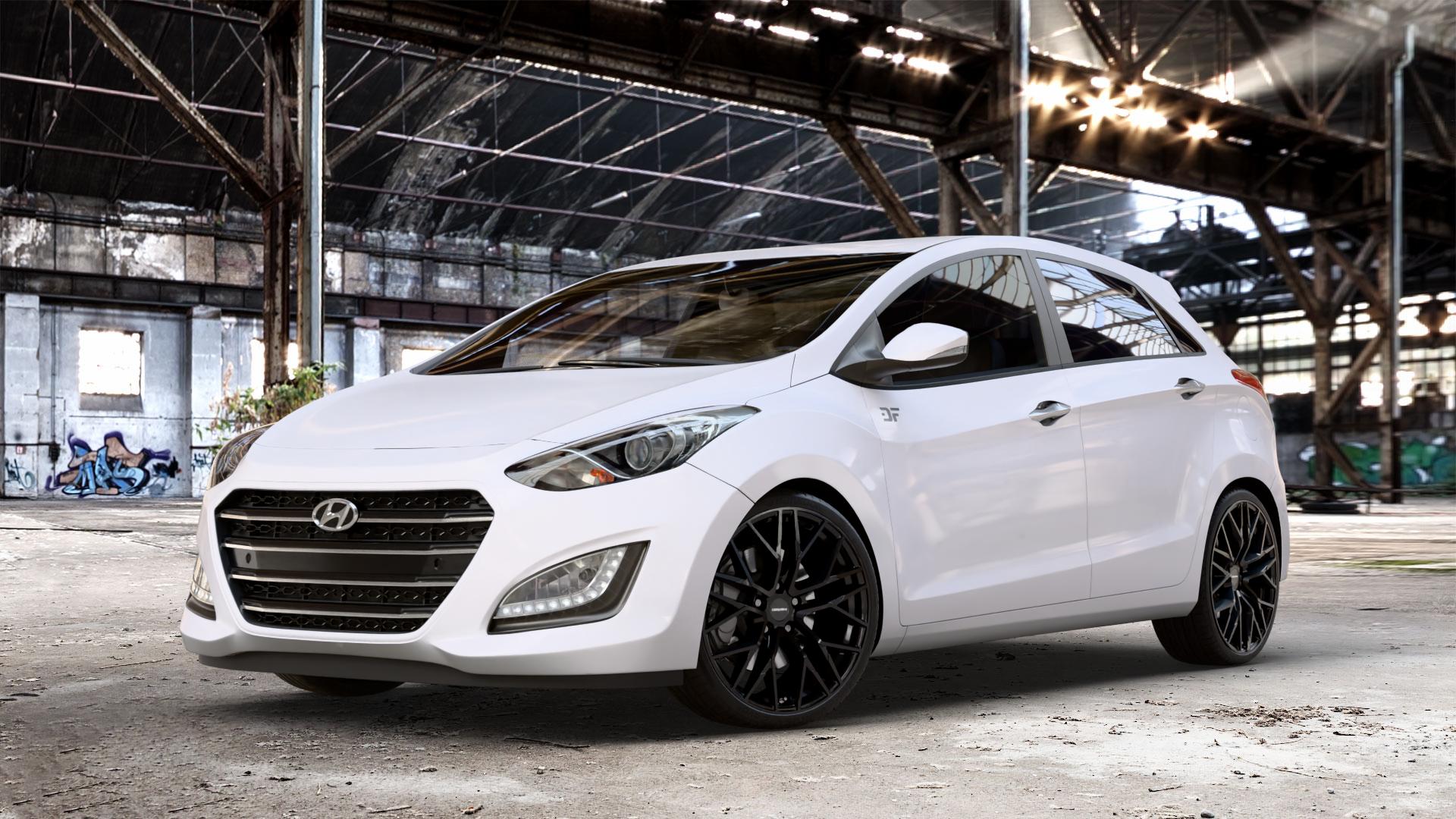 CARMANI 20 Ludwig black Felge mit Reifen schwarz in 19Zoll Winterfelge Alufelge auf weissem Hyundai i30 Typ GDH Facelift ⬇️ mit 15mm Tieferlegung ⬇️ Old Industrial Hall_max_4400mm_2024 Frontansicht_1