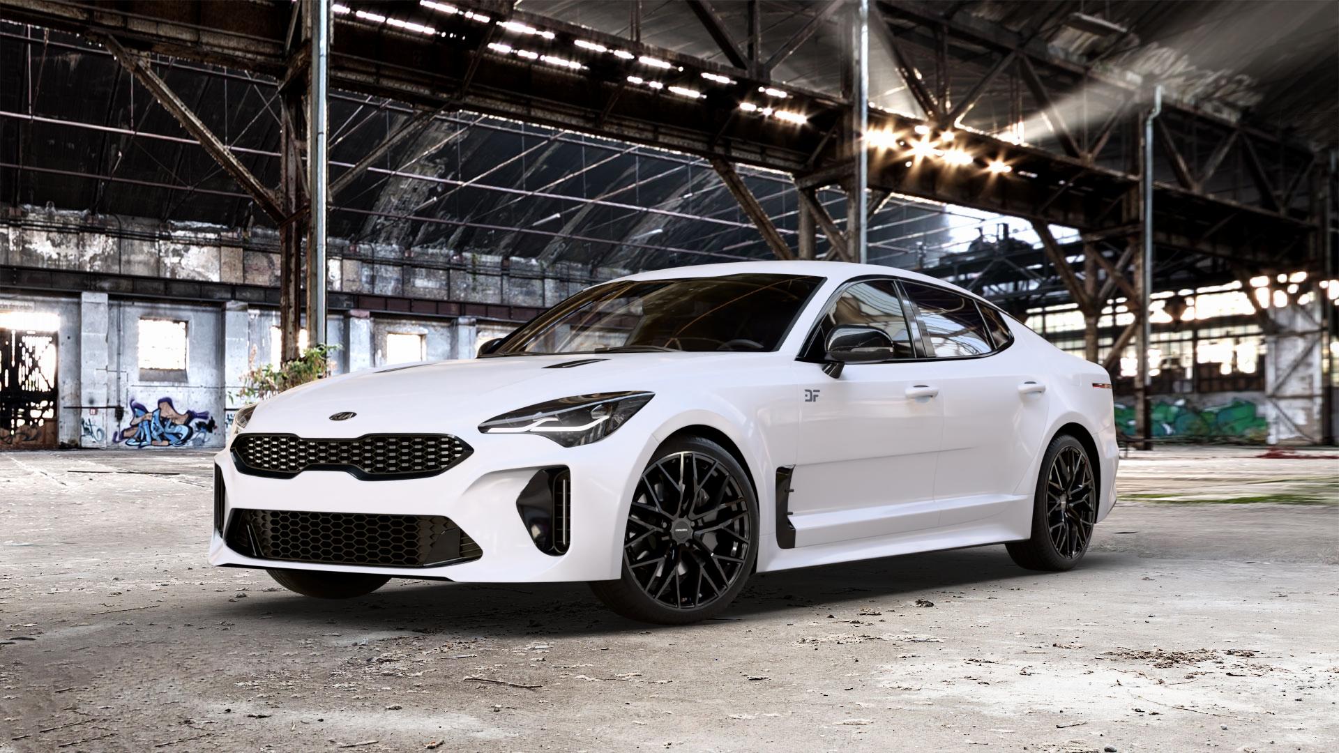 CARMANI 20 Ludwig black Felge mit Reifen schwarz in 19Zoll Winterfelge Alufelge auf weissem Kia Stinger Typ CK ⬇️ mit 15mm Tieferlegung ⬇️ Old Industrial Hall_max_5300mm_2024 Frontansicht_1