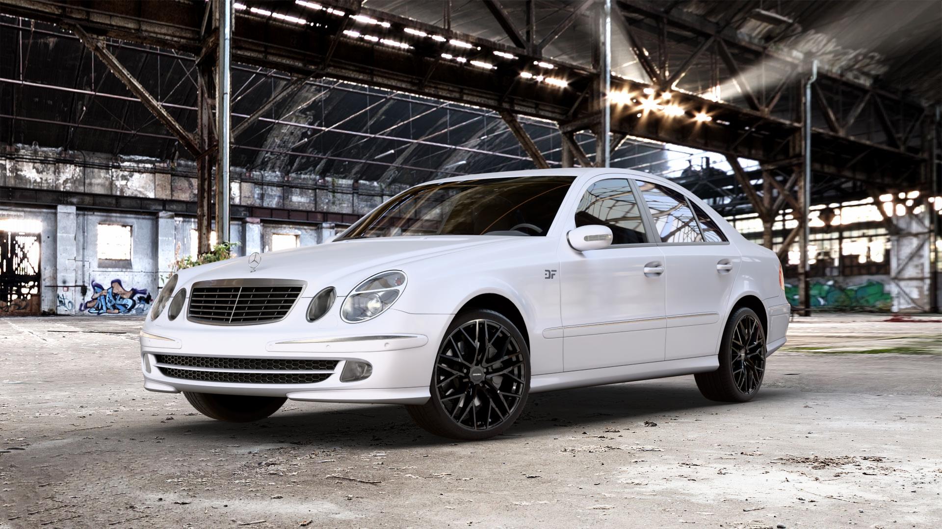 CARMANI 20 Ludwig black Felge mit Reifen schwarz in 19Zoll Winterfelge Alufelge auf weissem Mercedes E-Klasse Typ W211 Limousine ⬇️ mit 15mm Tieferlegung ⬇️ Old Industrial Hall_max_5300mm_2024 Frontansicht_1