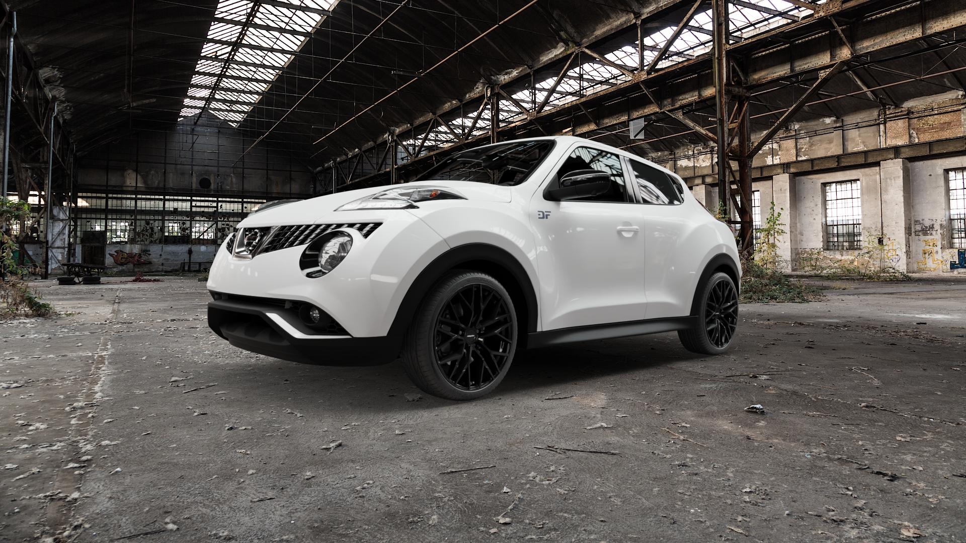 CARMANI 20 Ludwig black Felge mit Reifen schwarz in 19Zoll Winterfelge Alufelge auf weissem Nissan Juke Typ F15 Facelift ⬇️ mit 15mm Tieferlegung ⬇️ Old Industrial Hall_max5000mm_2022 Frontansicht_1