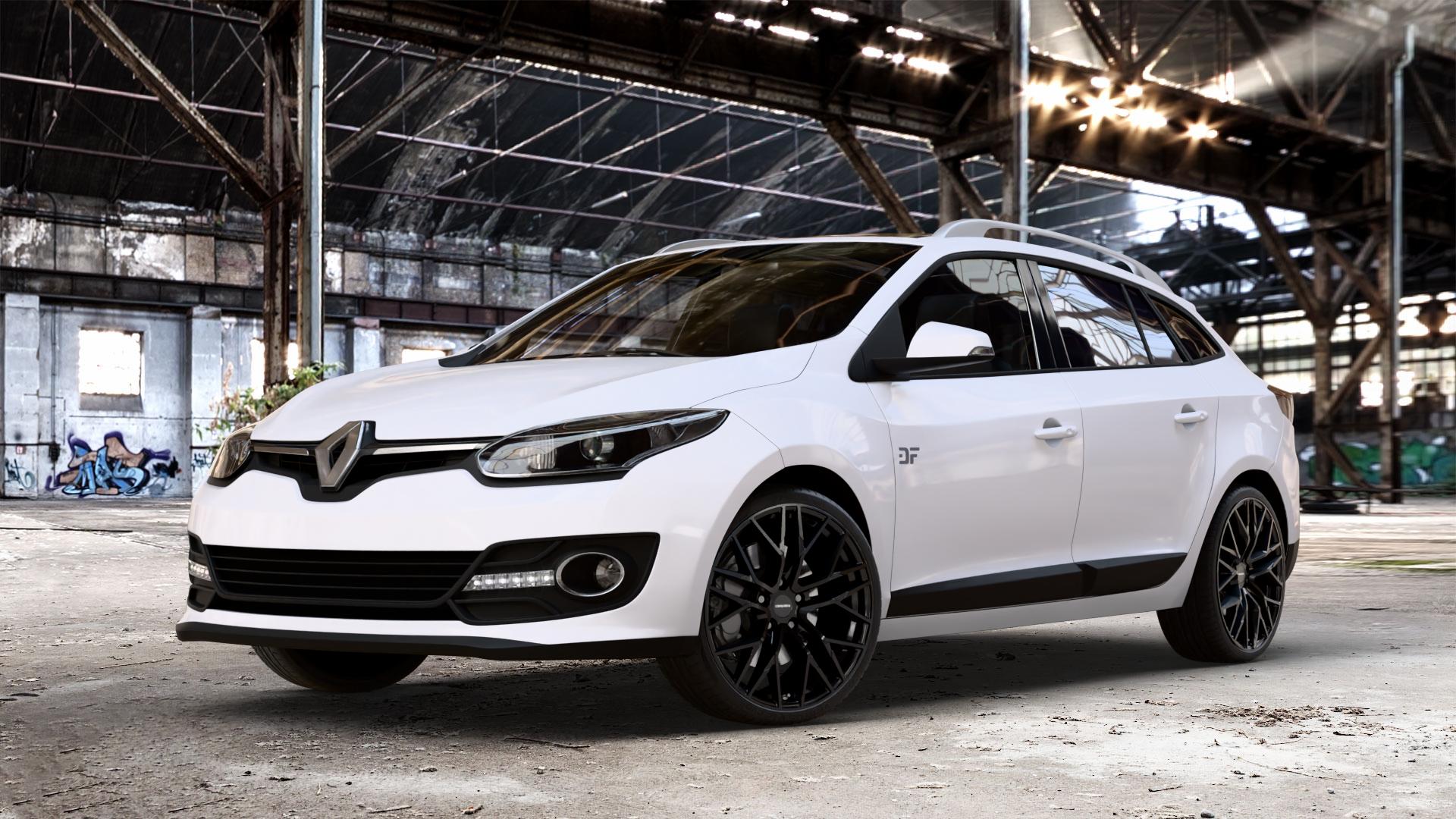 CARMANI 20 Ludwig black Felge mit Reifen schwarz in 19Zoll Winterfelge Alufelge auf weissem Renault Megane III Grandtour Typ Z ⬇️ mit 15mm Tieferlegung ⬇️ Old Industrial Hall_max_4400mm_2024 Frontansicht_1