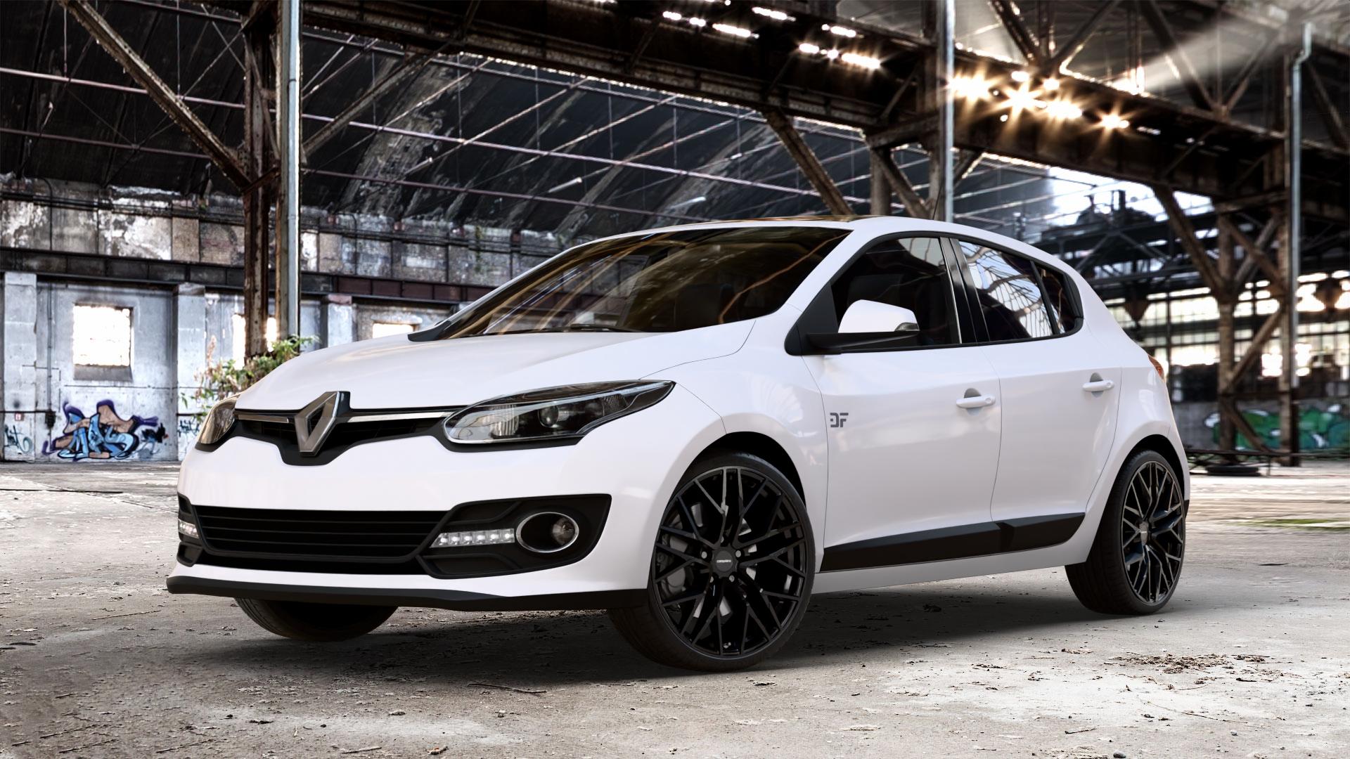CARMANI 20 Ludwig black Felge mit Reifen schwarz in 19Zoll Winterfelge Alufelge auf weissem Renault Megane III Schrägheck Typ Z ⬇️ mit 15mm Tieferlegung ⬇️ Old Industrial Hall_max_4400mm_2024 Frontansicht_1
