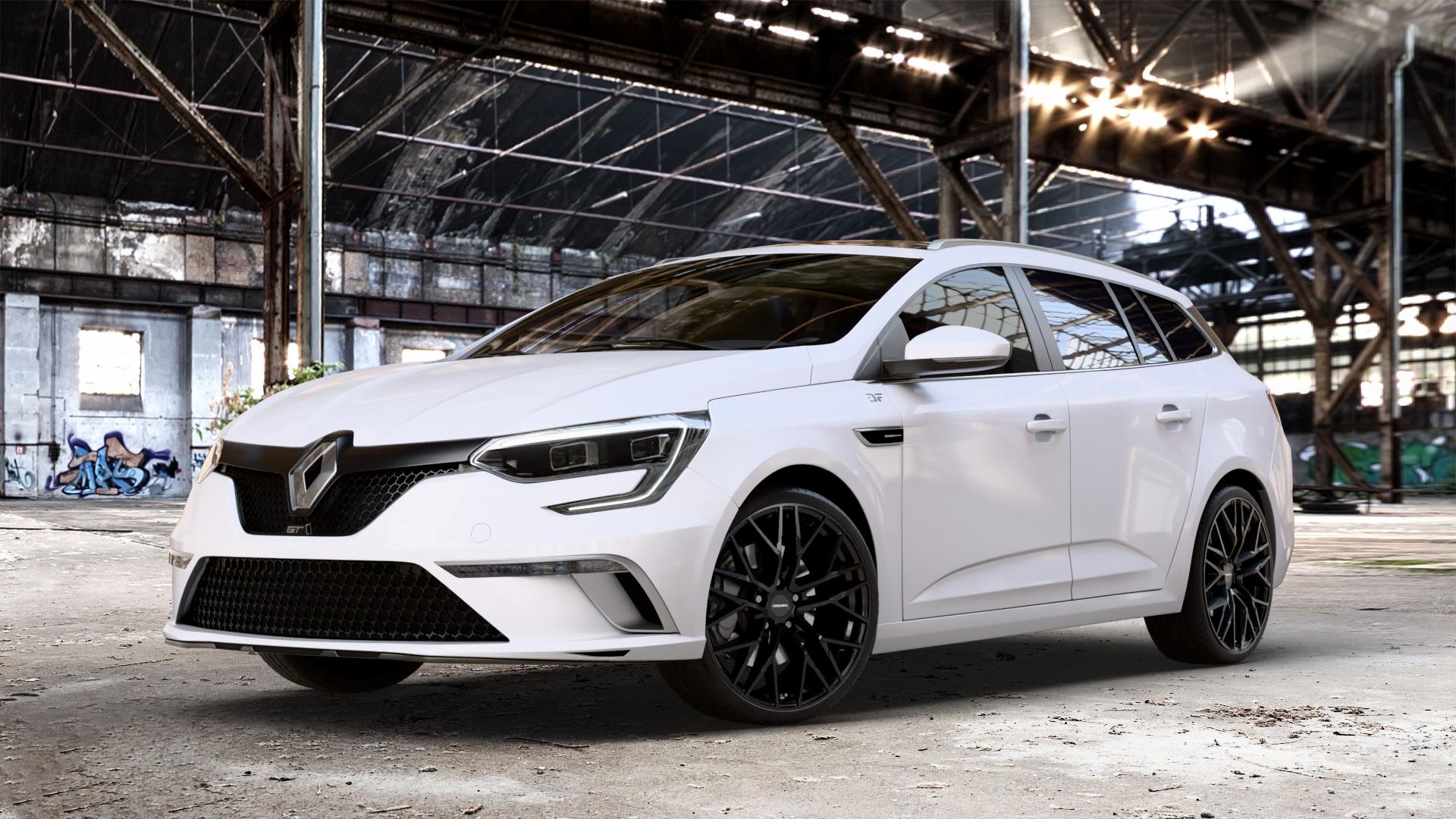 CARMANI 20 Ludwig black Felge mit Reifen schwarz in 19Zoll Winterfelge Alufelge auf weissem Renault Megane IV Grandtour Typ RFB Facelift ⬇️ mit 15mm Tieferlegung ⬇️ Old Industrial Hall_max_4400mm_2024 Frontansicht_1