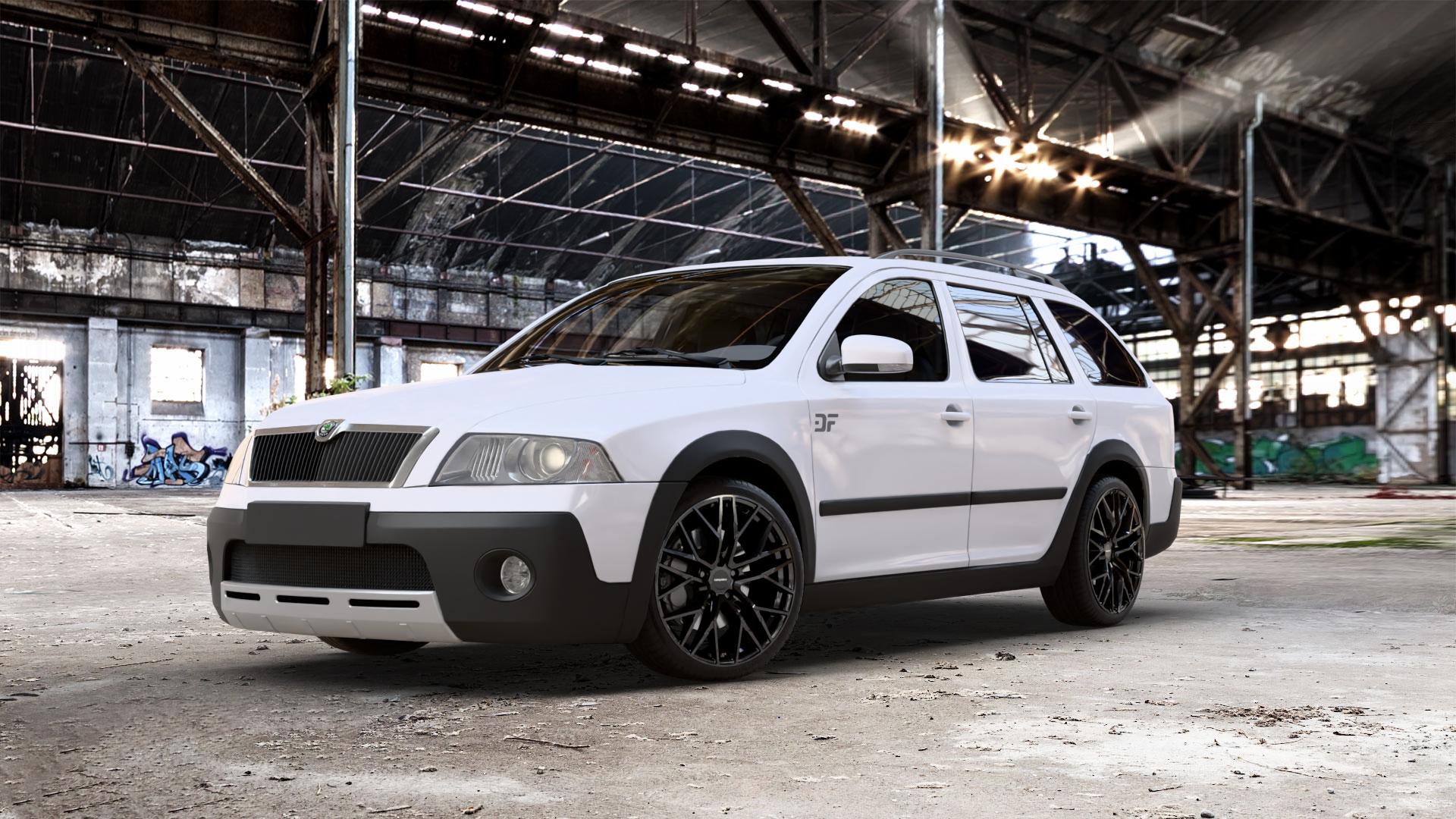 CARMANI 20 Ludwig black Felge mit Reifen schwarz in 19Zoll Winterfelge Alufelge auf weissem Skoda Octavia II Scout Typ 1Z ⬇️ mit 15mm Tieferlegung ⬇️ Old Industrial Hall_max_5300mm_2024 Frontansicht_1