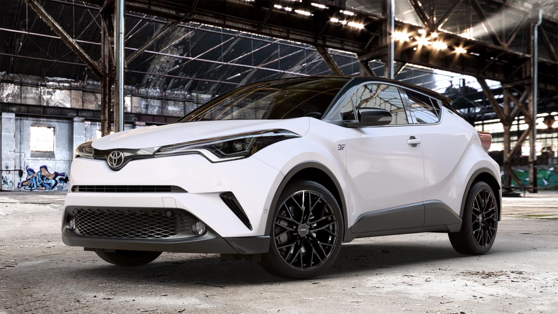 CARMANI 20 Ludwig black Felge mit Reifen schwarz in 19Zoll Winterfelge Alufelge auf weissem Toyota C-HR Typ AX1T(EU,M) AX1T(EU,M)-TMG ⬇️ mit 15mm Tieferlegung ⬇️ Old Industrial Hall_max_4400mm_2024 Frontansicht_1