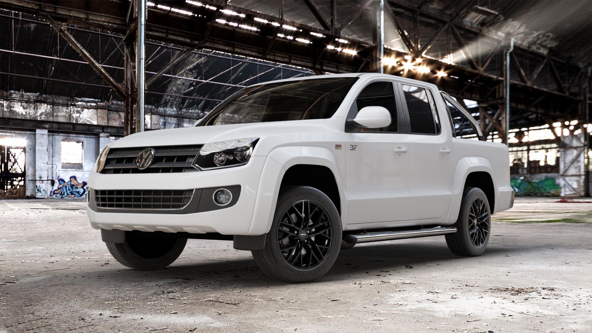 CARMANI 20 Ludwig black Felge mit Reifen schwarz in 19Zoll Winterfelge Alufelge auf weissem Volkswagen (VW) Amarok I Typ 2H 2HS2 ⬇️ mit 15mm Tieferlegung ⬇️ Old Industrial Hall_max_5300mm_2024 Frontansicht_1