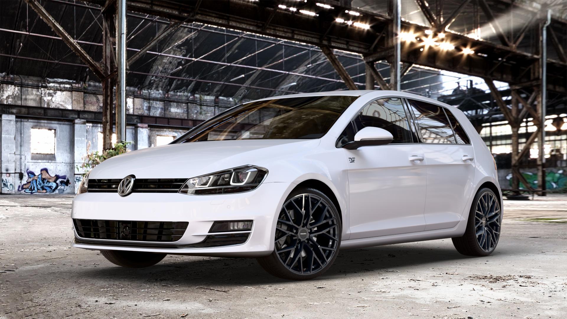 CARMANI 20 Ludwig black Felge mit Reifen schwarz in 19Zoll Winterfelge Alufelge auf weissem Volkswagen (VW) Golf 7 ⬇️ mit 15mm Tieferlegung ⬇️ Old Industrial Hall_max_4400mm_2024 Frontansicht_1