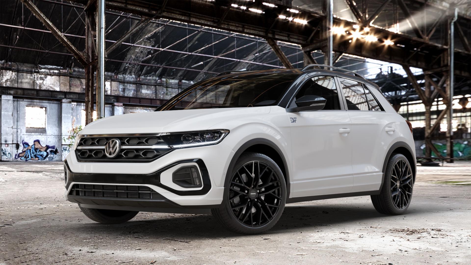 CARMANI 20 Ludwig black Felge mit Reifen schwarz in 19Zoll Winterfelge Alufelge auf weissem Volkswagen (VW) T-Roc Facelift ⬇️ mit 15mm Tieferlegung ⬇️ Old Industrial Hall_max_4400mm_2024 Frontansicht_1