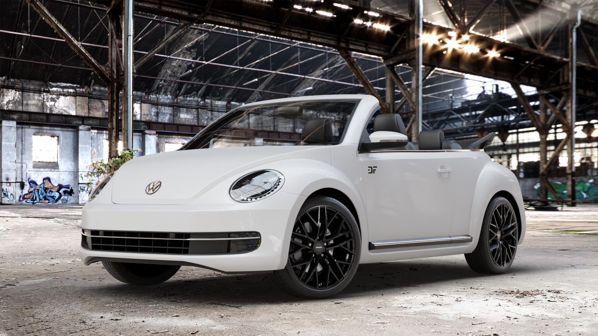 CARMANI 20 Ludwig black Felge mit Reifen schwarz in 19Zoll Winterfelge Alufelge auf weissem Volkswagen (VW) The Beetle Cabrio Typ 16 ⬇️ mit 15mm Tieferlegung ⬇️ Old Industrial Hall_max_4400mm_2024 Frontansicht_1