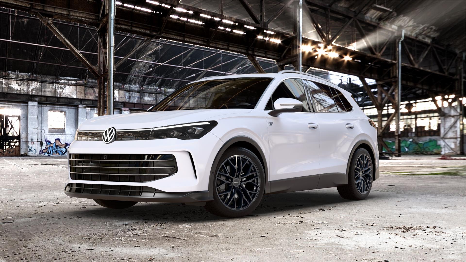 CARMANI 20 Ludwig black Felge mit Reifen schwarz in 19Zoll Winterfelge Alufelge auf weissem Volkswagen (VW) Tiguan III Typ CT ⬇️ mit 15mm Tieferlegung ⬇️ Old Industrial Hall_max_5300mm_2024 Frontansicht_1