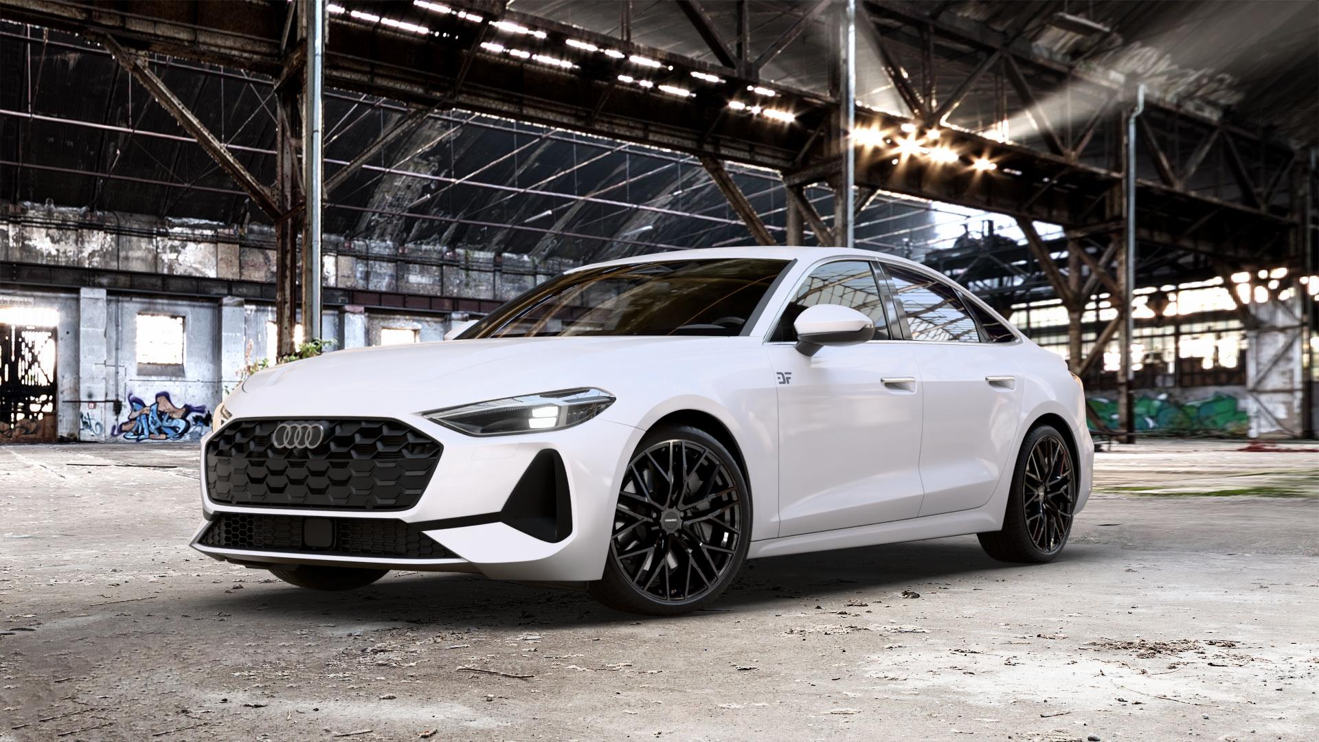 CARMANI 20 Ludwig black Felge mit Reifen schwarz in 20Zoll Winterfelge Alufelge auf weissem Audi A5 Typ B10 (Limousine) 2,0l TDI 150kW Mild-Hybrid (204 PS) quattro TSI 110kW (150 3,0l S5 270kW (367 ⬇️ mit 15mm Tieferlegung ⬇️ Old Industrial Hall_max_5300mm_2024 Frontansicht_1