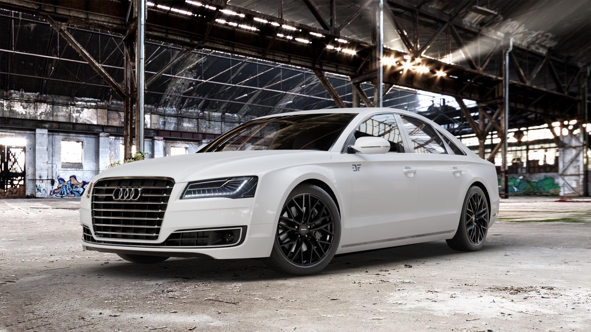 CARMANI 20 Ludwig black Felge mit Reifen schwarz in 20Zoll Winterfelge Alufelge auf weissem Audi A8 Typ D4/4H Facelift ⬇️ mit 15mm Tieferlegung ⬇️ Old Industrial Hall_max_5300mm_2024 Frontansicht_1