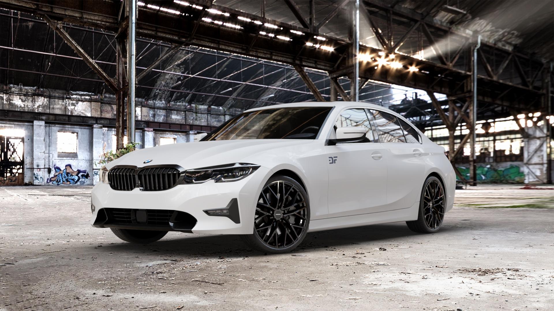 CARMANI 20 Ludwig black Felge mit Reifen schwarz in 20Zoll Winterfelge Alufelge auf weissem BMW 3er G20 Limousine (G3L) ⬇️ mit 15mm Tieferlegung ⬇️ Old Industrial Hall_max_5300mm_2024 Frontansicht_1