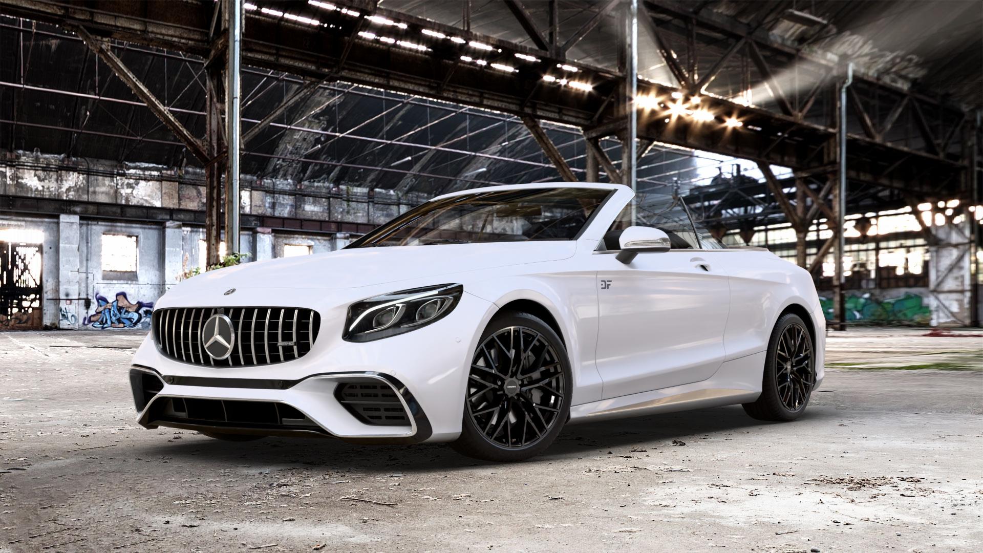 CARMANI 20 Ludwig black Felge mit Reifen schwarz in 20Zoll Winterfelge Alufelge auf weissem Mercedes S-Klasse Cabrio Typ 217 5,5l S 63 AMG 4Matic 430kW (585 PS) 6,0l 65 463kW (630 Facelift 4,0l 450kW (612 ⬇️ mit 15mm Tieferlegung ⬇️ Old Industrial Hall_max_5300mm_2024 Frontansicht_1