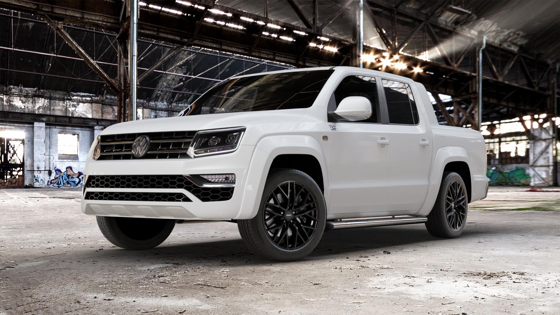 CARMANI 20 Ludwig black Felge mit Reifen schwarz in 20Zoll Winterfelge Alufelge auf weissem Volkswagen (VW) Amarok I Typ 2H Facelift ⬇️ mit 15mm Tieferlegung ⬇️ Old Industrial Hall_max_5300mm_2024 Frontansicht_1