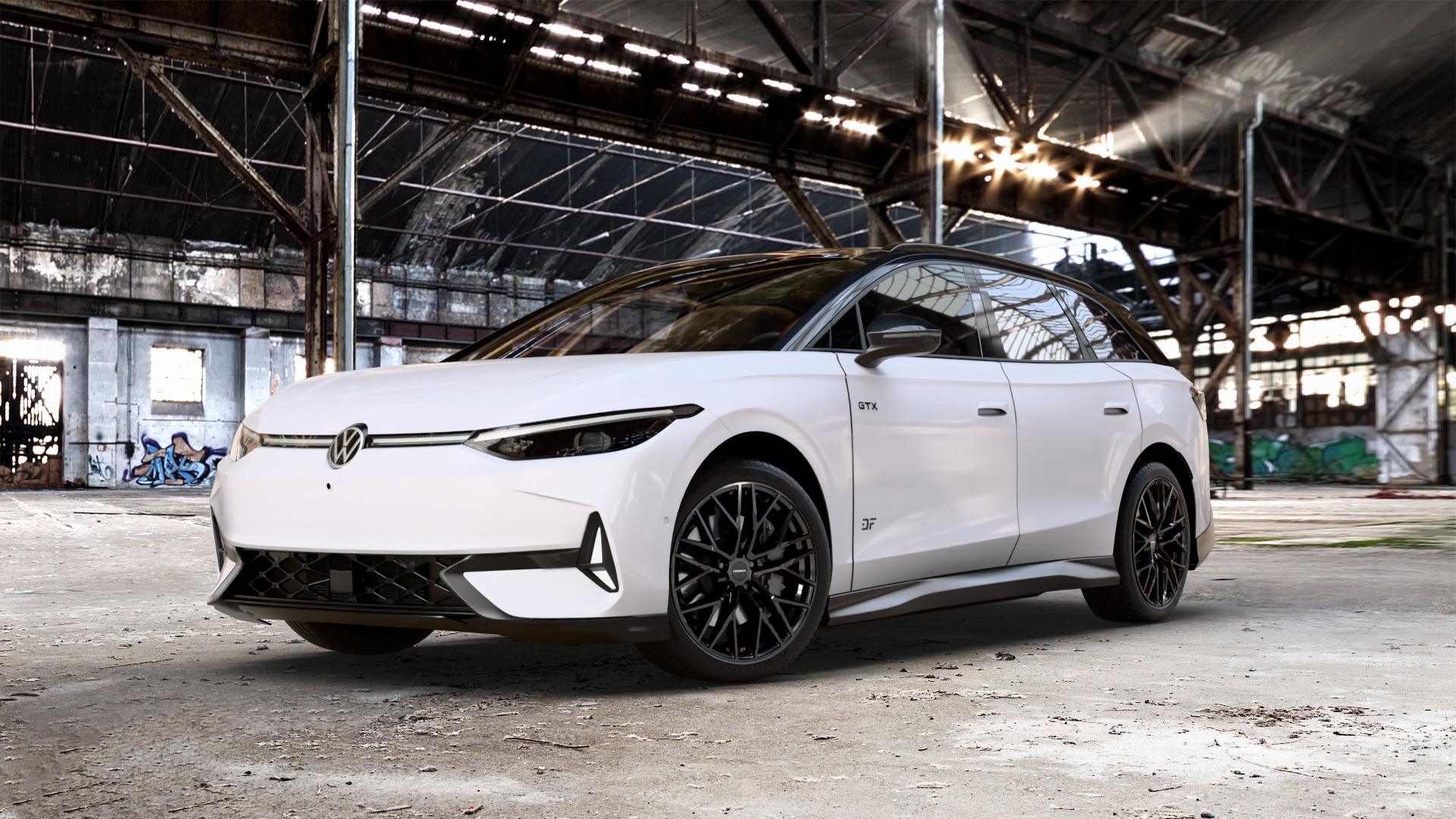 CARMANI 20 Ludwig black Felge mit Reifen schwarz in 20Zoll Winterfelge Alufelge auf weissem Volkswagen (VW) ID.7 Tourer 0,0l 90kW GTX (122 PS) ⬇️ mit 15mm Tieferlegung ⬇️ Old Industrial Hall_max_5300mm_2024 Frontansicht_1