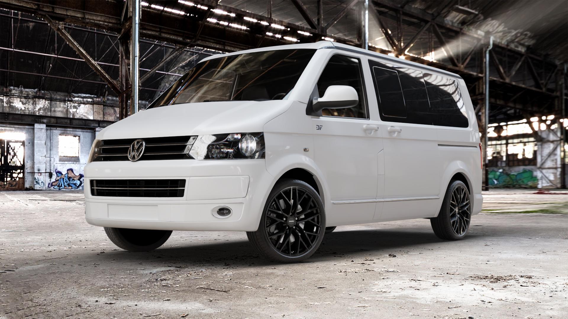 CARMANI 20 Ludwig black Felge mit Reifen schwarz in 20Zoll Winterfelge Alufelge auf weissem Volkswagen (VW) T5 California ⬇️ mit 15mm Tieferlegung ⬇️ Old Industrial Hall_max_5300mm_2024 Frontansicht_1