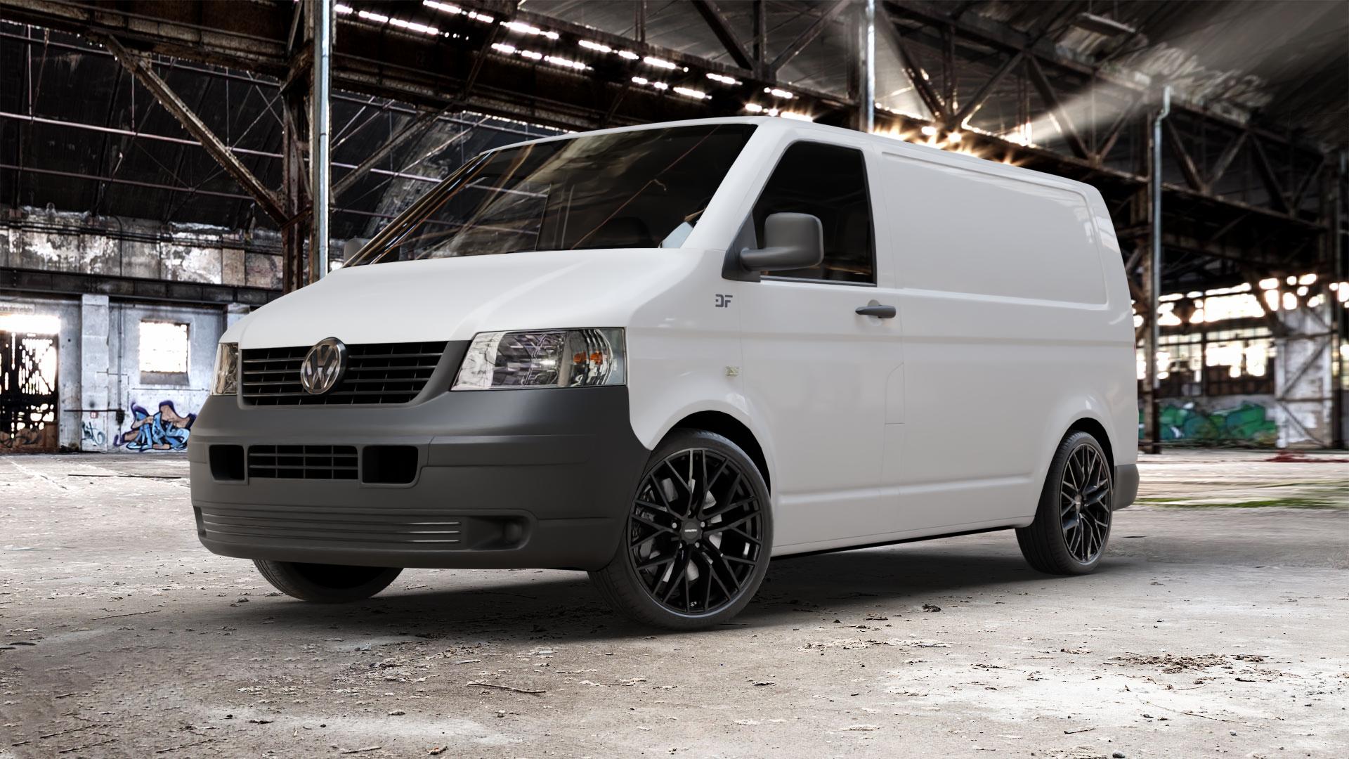CARMANI 20 Ludwig black Felge mit Reifen schwarz in 20Zoll Winterfelge Alufelge auf weissem Volkswagen (VW) T5 Kastenwagen ⬇️ mit 15mm Tieferlegung ⬇️ Old Industrial Hall_max_5300mm_2024 Frontansicht_1