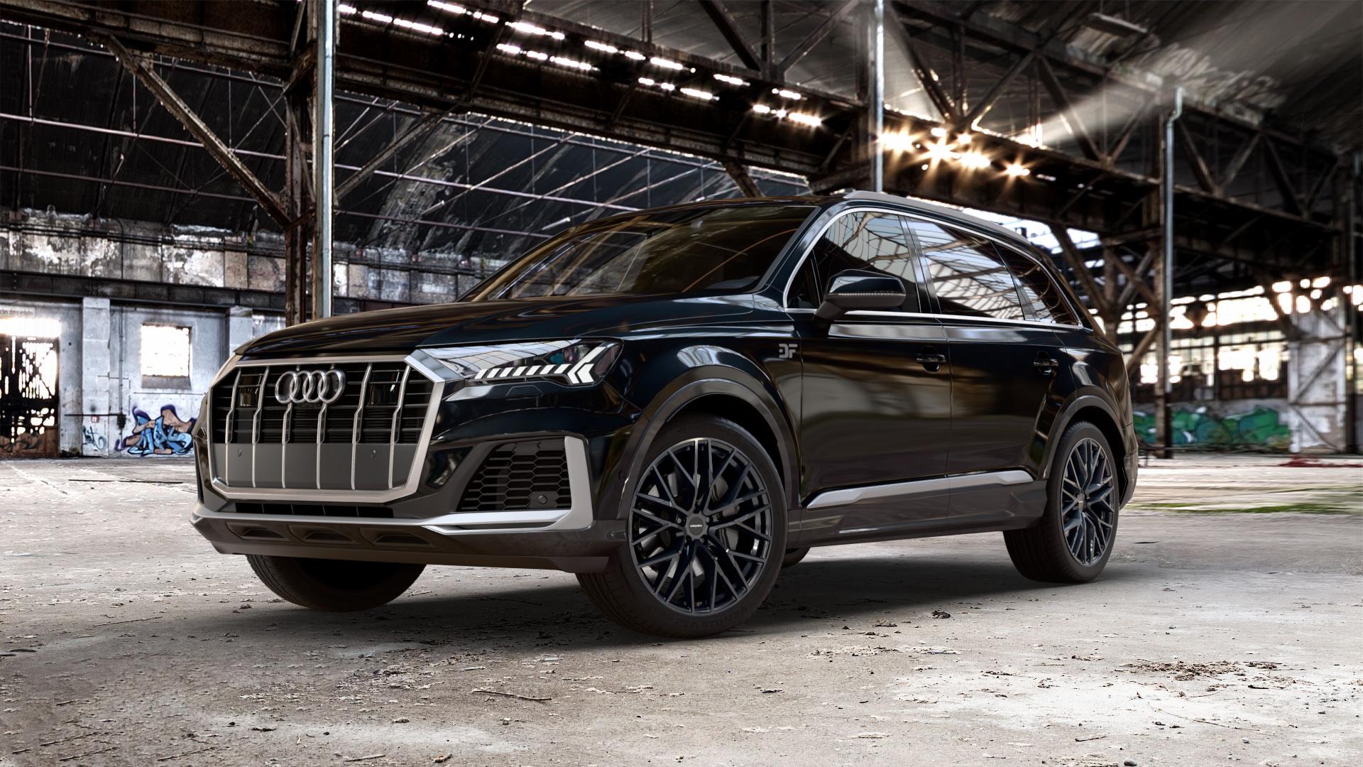 CARMANI 20 Ludwig black Felge mit Reifen schwarz in 21Zoll Winterfelge Alufelge auf metallic schwarzem Audi Q7 II Typ 4M (4L) Facelift 19-> ⬇️ mit 15mm Tieferlegung ⬇️ Old Industrial Hall_max_5300mm_2024 Frontansicht_1