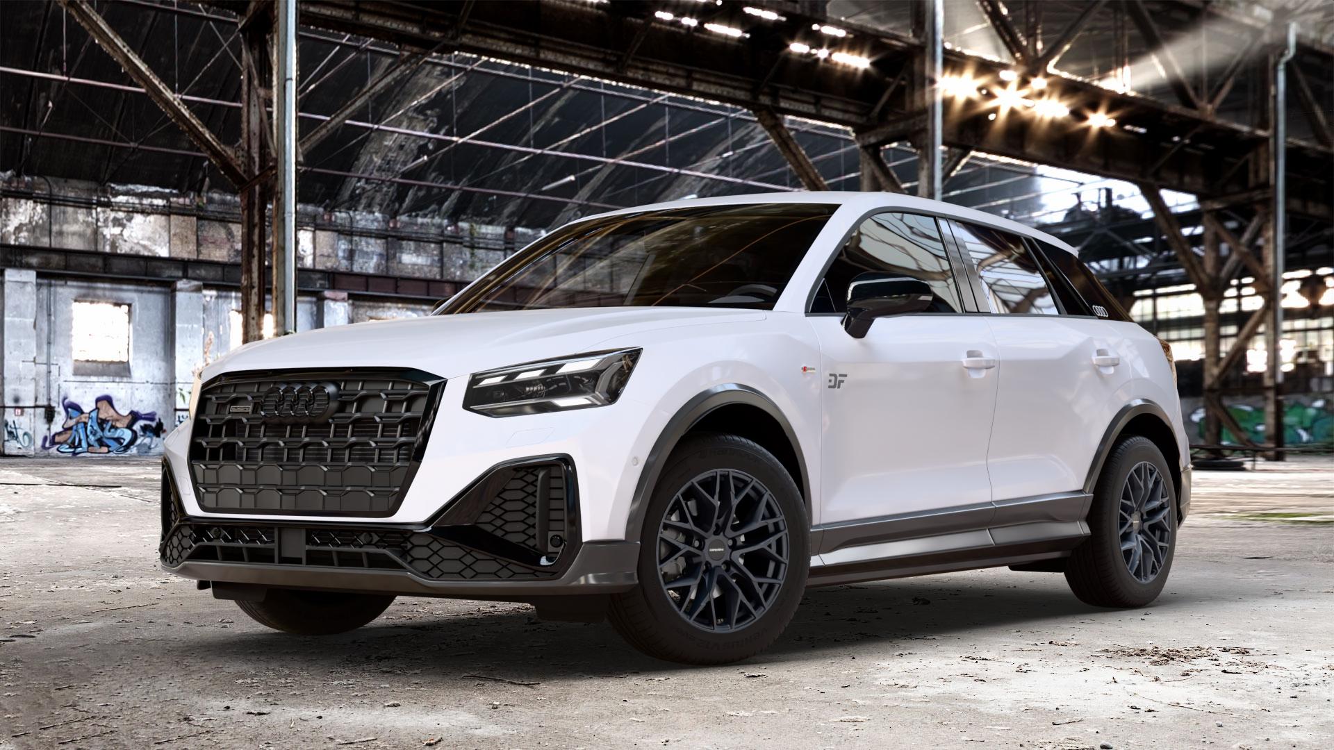 CARMANI 20 Ludwig black matt Felge mit Reifen schwarz in 16Zoll Winterfelge Alufelge auf weißem Audi Q2 Typ GA Facelift ⬇️ mit 15mm Tieferlegung ⬇️ Old Industrial Hall_max_4400mm_2024 Frontansicht_1