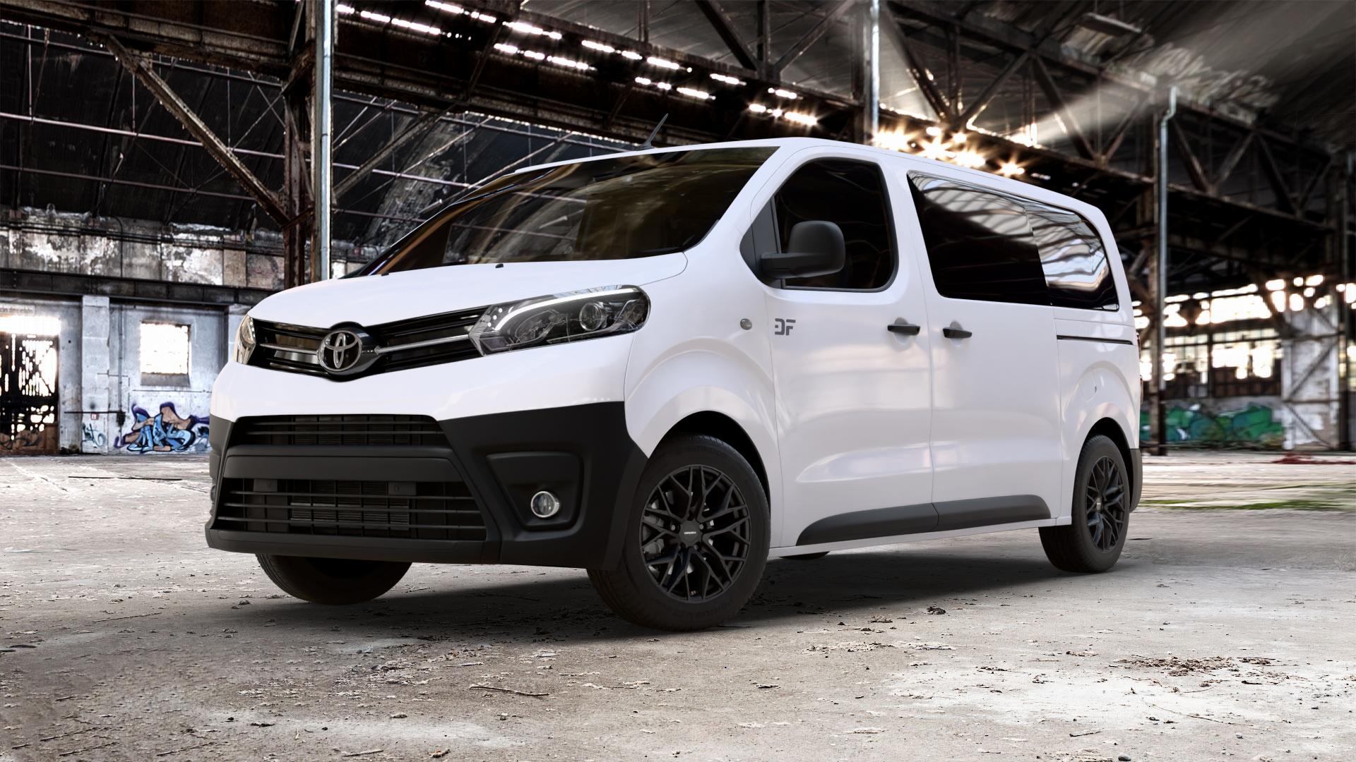 CARMANI 20 Ludwig black matt Felge mit Reifen schwarz in 16Zoll Winterfelge Alufelge auf weissem Toyota Proace II Verso Typ V ⬇️ mit 15mm Tieferlegung ⬇️ Old Industrial Hall_max_5300mm_2024 Frontansicht_1