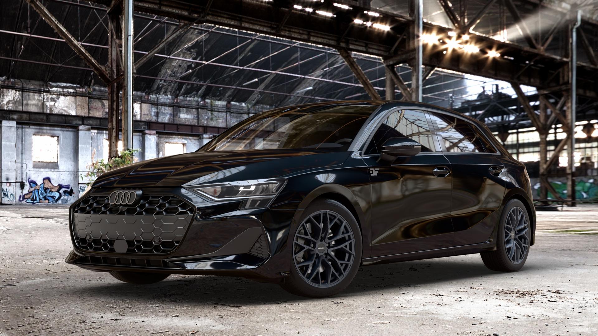 CARMANI 20 Ludwig black matt Felge mit Reifen schwarz in 17Zoll Winterfelge Alufelge auf metallic schwarzem Audi A3 Typ GY (Sportback) Facelift 2,0l 30 TDI 85kW (116 PS) 1,5l TFSI Mild-Hybrid 35 110kW (150 PHEV 200 130kW Hybrid (177 150 ⬇️ mit 15mm Tieferlegung ⬇️ Old Industrial Hall_max_4400mm_2024 Frontansicht_1