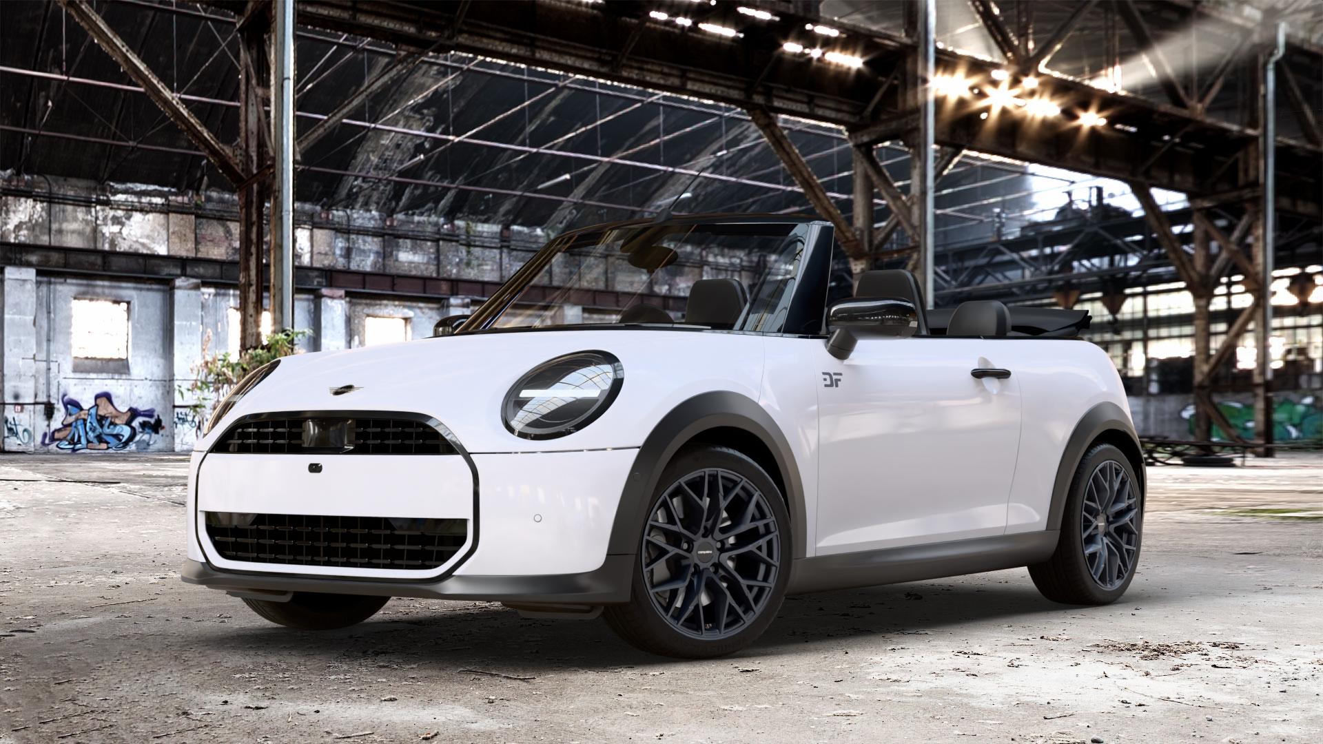 CARMANI 20 Ludwig black matt Felge mit Reifen schwarz in 17Zoll Winterfelge Alufelge auf weissem Mini F67 Typ FM6 (Cabrio) 2,0l Cooper 120kW (163 PS) S 150kW (204 JCW 170kW (231 ⬇️ mit 15mm Tieferlegung ⬇️ Old Industrial Hall_max_4400mm_2024 Frontansicht_1