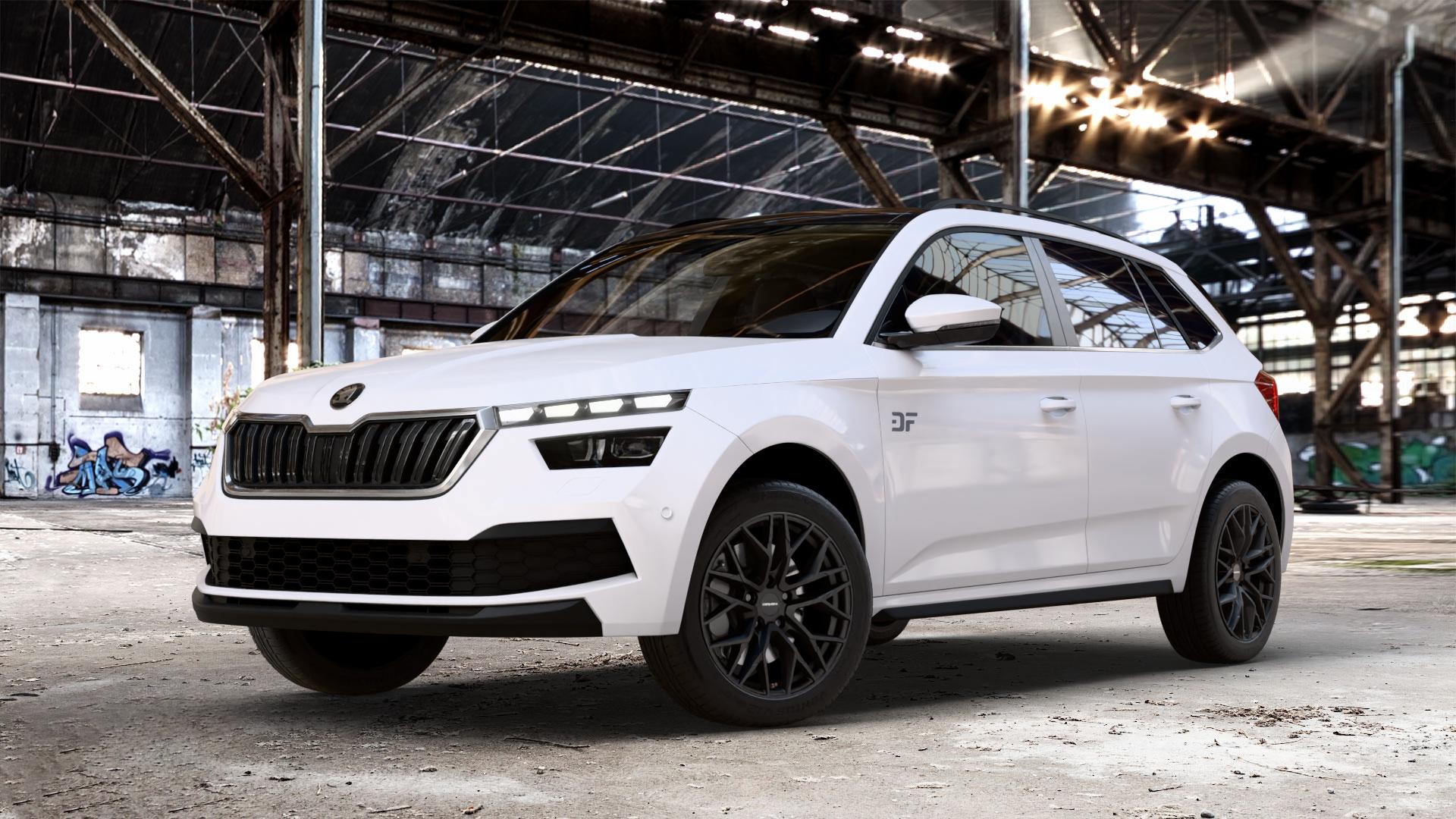 CARMANI 20 Ludwig black matt Felge mit Reifen schwarz in 17Zoll Winterfelge Alufelge auf weissem Skoda Kamiq Typ NW ⬇️ mit 15mm Tieferlegung ⬇️ Old Industrial Hall_max_4400mm_2024 Frontansicht_1