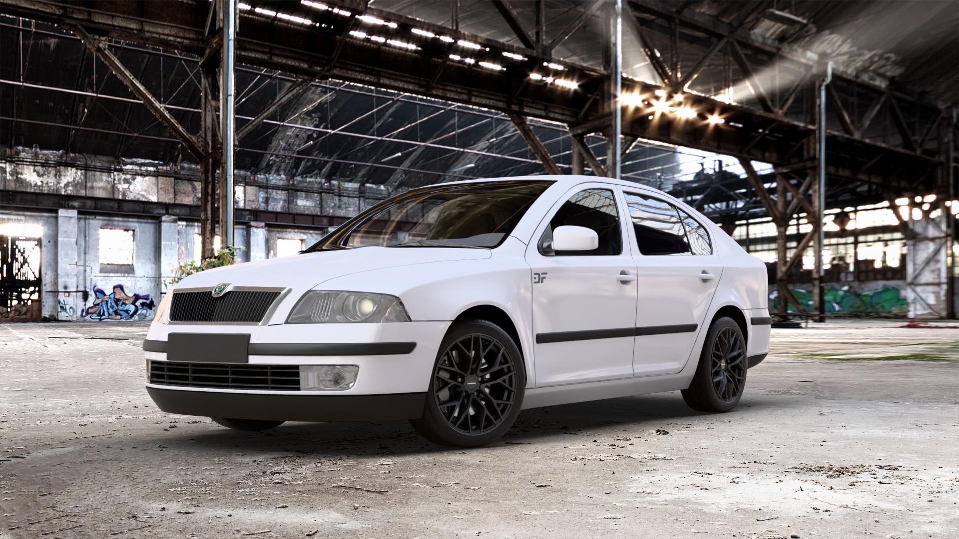 CARMANI 20 Ludwig black matt Felge mit Reifen schwarz in 17Zoll Winterfelge Alufelge auf weissem Skoda Octavia II Limousine Typ 1Z3 1,4l 55kW (75 PS) 59kW (80 1,6l 75kW (102 FSI 85kW (116 1,8l TSI 118kW (160 1,2l 77kW (105 90kW (122 TDI I 1U2 ⬇️ mit 15mm Tieferlegung ⬇️ Old Industrial Hall_max_5300mm_2024 Frontansicht_1