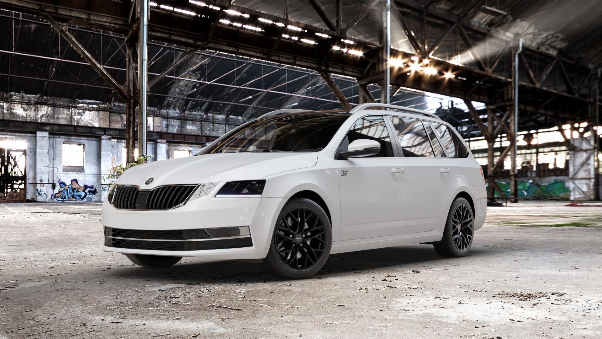 CARMANI 20 Ludwig black matt Felge mit Reifen schwarz in 17Zoll Winterfelge Alufelge auf weissem Skoda Octavia III Kombi Typ 5E Facelift ⬇️ mit 15mm Tieferlegung ⬇️ Old Industrial Hall_max_5300mm_2024 Frontansicht_1