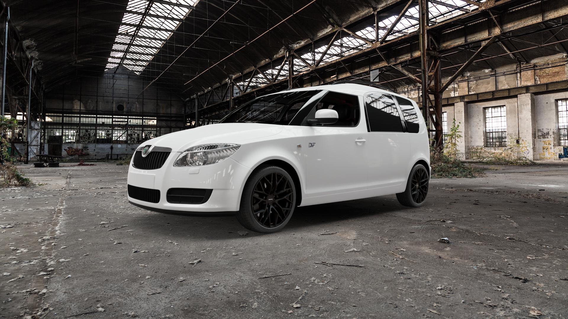 CARMANI 20 Ludwig black matt Felge mit Reifen schwarz in 17Zoll Winterfelge Alufelge auf weissem Skoda Roomster Typ 5J 1,2l 47kW (64 PS) 1,4l TDI 51kW (69 59kW (80 1,6l 16V 77kW (105 1,9l ⬇️ mit 15mm Tieferlegung ⬇️ Old Industrial Hall_max5000mm_2022 Frontansicht_1