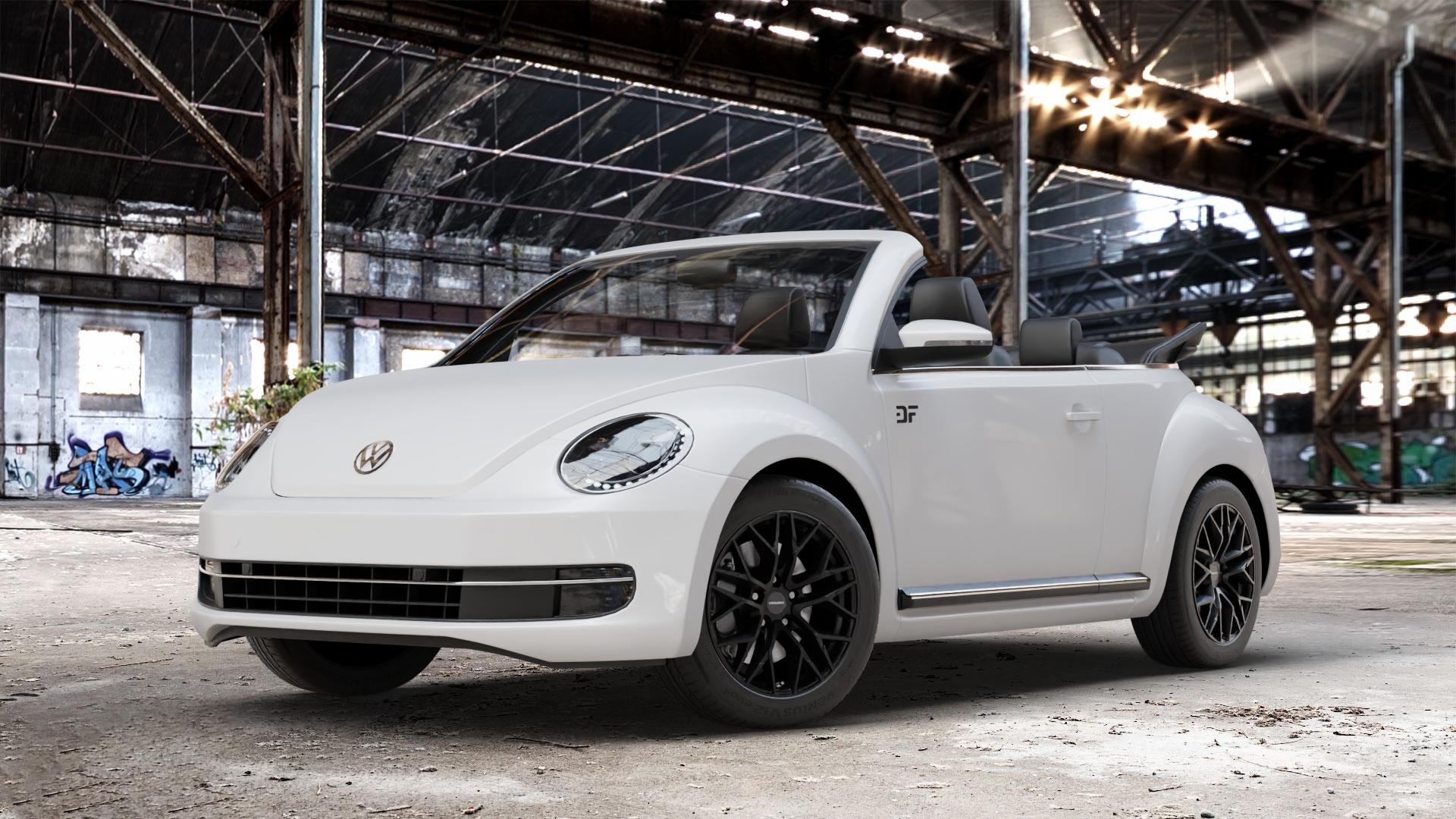 CARMANI 20 Ludwig black matt Felge mit Reifen schwarz in 17Zoll Winterfelge Alufelge auf weissem Volkswagen (VW) The Beetle Cabrio Typ 16 ⬇️ mit 15mm Tieferlegung ⬇️ Old Industrial Hall_max_4400mm_2024 Frontansicht_1