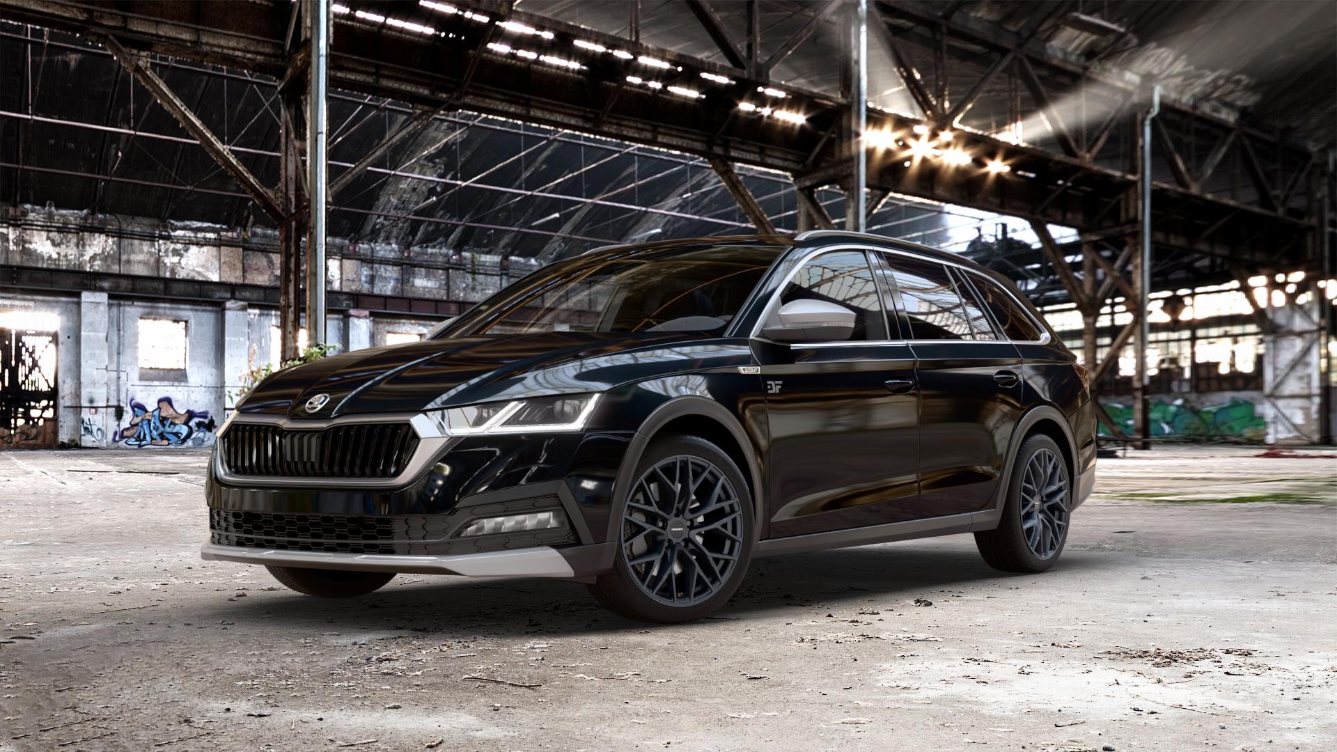 CARMANI 20 Ludwig black matt Felge mit Reifen schwarz in 18Zoll Winterfelge Alufelge auf schwarzem metallic Skoda Octavia IV Scout Typ NX ⬇️ mit 15mm Tieferlegung ⬇️ Old Industrial Hall_max_5300mm_2024 Frontansicht_1