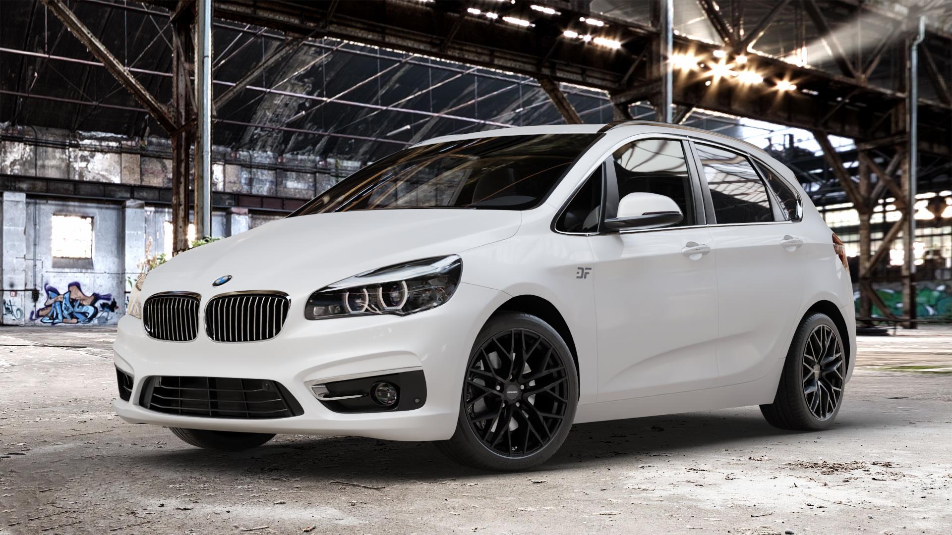 CARMANI 20 Ludwig black matt Felge mit Reifen schwarz in 18Zoll Winterfelge Alufelge auf weissem BMW 2er F45 Active Tourer (UKL-L) (F2AT) Facelift ⬇️ mit 15mm Tieferlegung ⬇️ Old Industrial Hall_max_4400mm_2024 Frontansicht_1