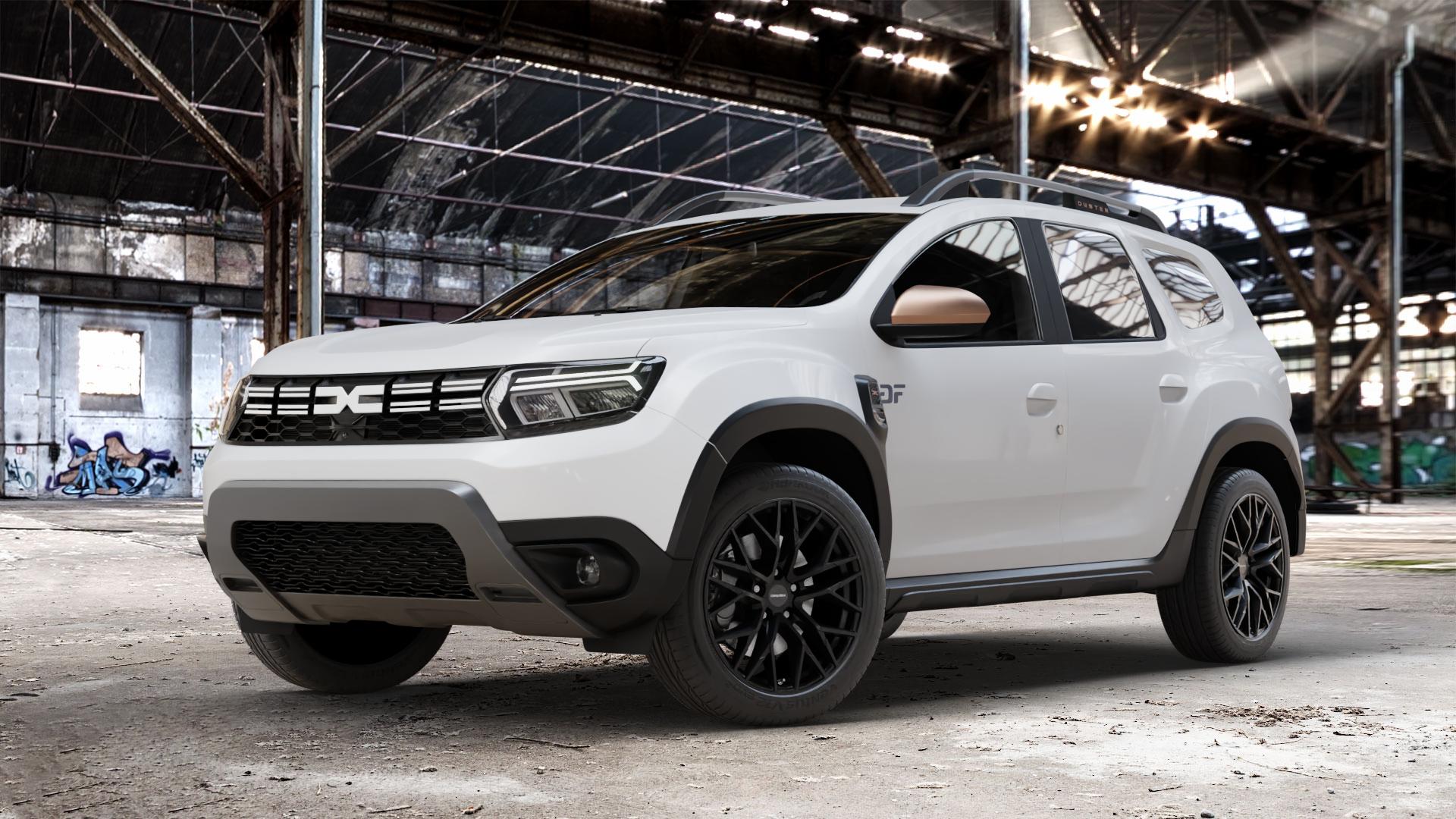 CARMANI 20 Ludwig black matt Felge mit Reifen schwarz in 18Zoll Winterfelge Alufelge auf weissem Dacia Duster Typ SR Facelift ⬇️ mit 15mm Tieferlegung ⬇️ Old Industrial Hall_max_4400mm_2024 Frontansicht_1