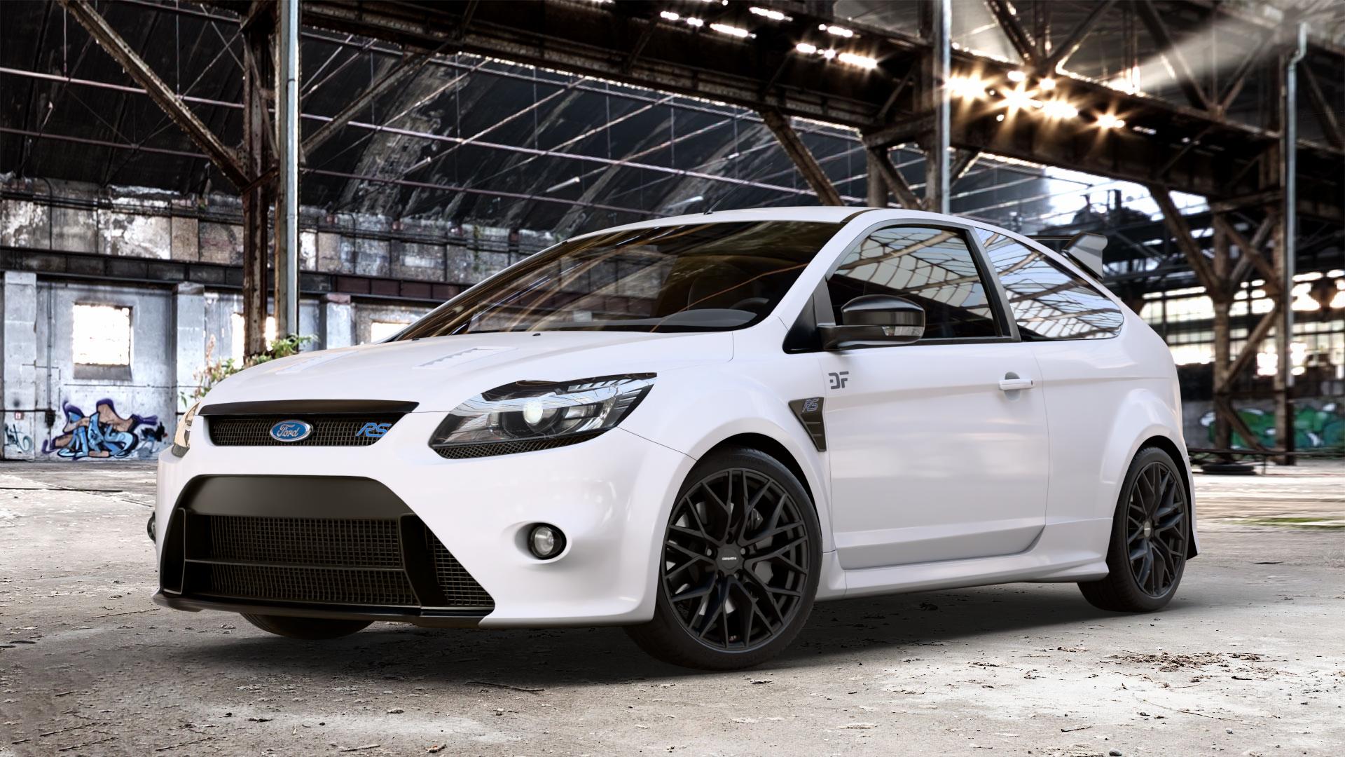 CARMANI 20 Ludwig black matt Felge mit Reifen schwarz in 18Zoll Winterfelge Alufelge auf weissem Ford Focus II Typ DA3 (Schrägheck) 2,5l RS 224kW (305 PS) RS500 257kW (349 ⬇️ mit 15mm Tieferlegung ⬇️ Old Industrial Hall_max_4400mm_2024 Frontansicht_1