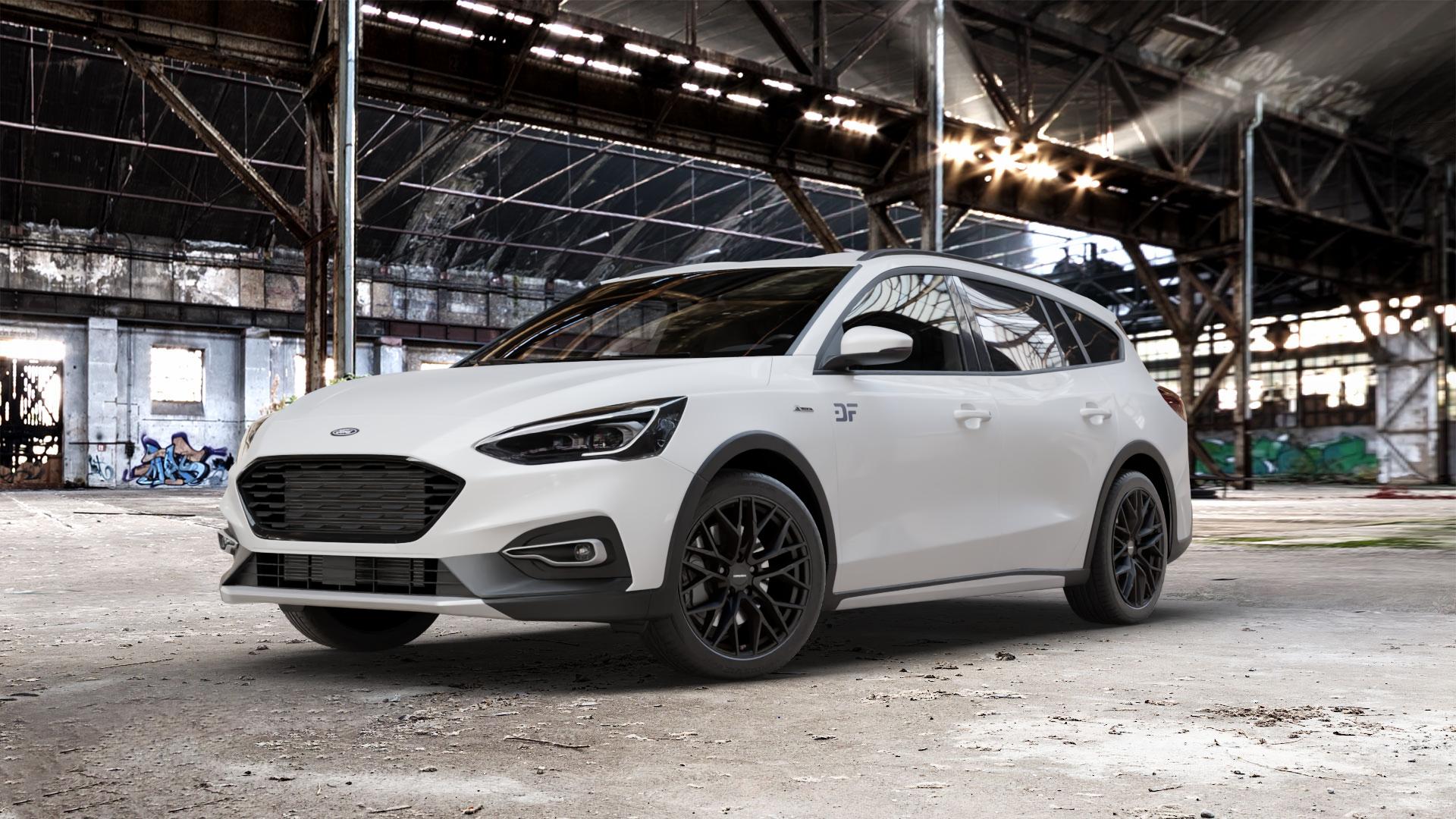 CARMANI 20 Ludwig black matt Felge mit Reifen schwarz in 18Zoll Winterfelge Alufelge auf weissem Ford Focus IV Active Typ DEH (Turnier) ⬇️ mit 15mm Tieferlegung ⬇️ Old Industrial Hall_max_5300mm_2024 Frontansicht_1