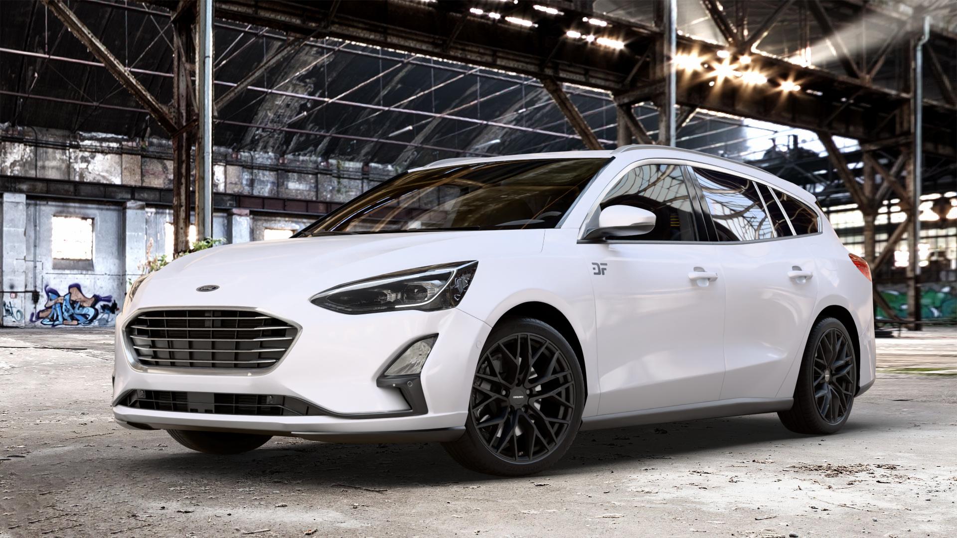 CARMANI 20 Ludwig black matt Felge mit Reifen schwarz in 18Zoll Winterfelge Alufelge auf weissem Ford Focus IV Typ DEH (Turnier) ⬇️ mit 15mm Tieferlegung ⬇️ Old Industrial Hall_max_4400mm_2024 Frontansicht_1