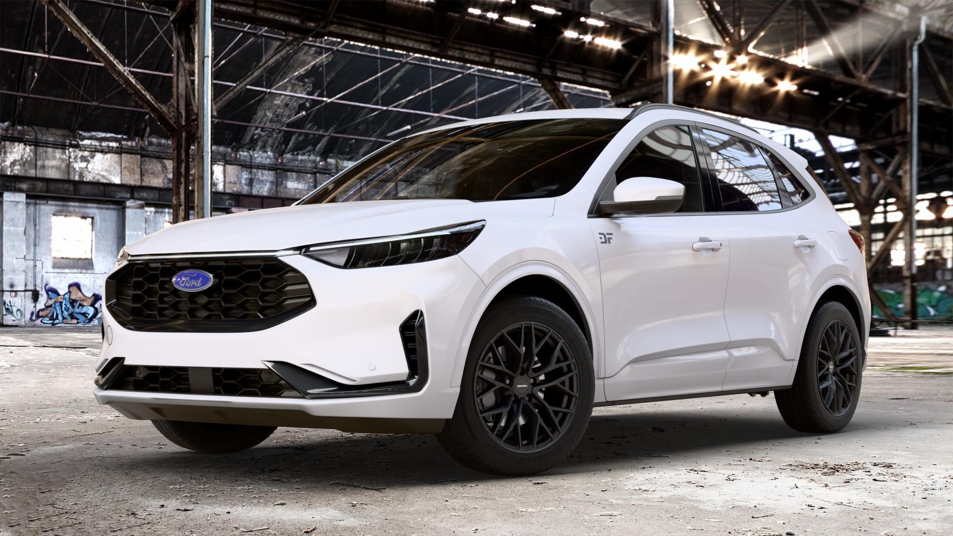 CARMANI 20 Ludwig black matt Felge mit Reifen schwarz in 18Zoll Winterfelge Alufelge auf weissem Ford Kuga III Typ DFK Facelift ⬇️ mit 15mm Tieferlegung ⬇️ Old Industrial Hall_max_4400mm_2024 Frontansicht_1
